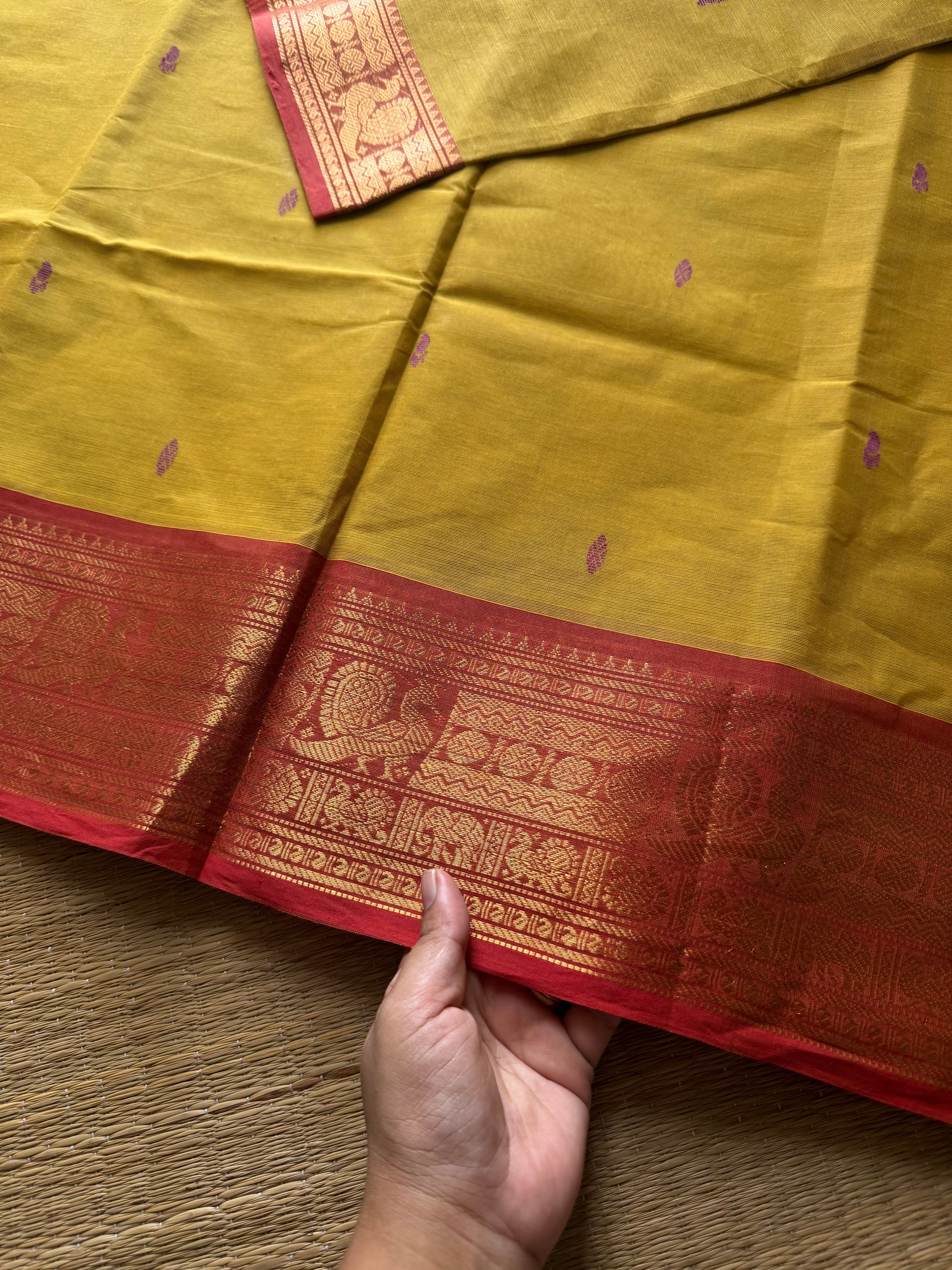 RF653 Mustard yellow with peach shade Kanchi cotton saree with handmade thread buttas