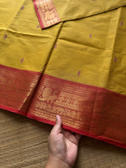 RF653 Mustard yellow with peach shade Kanchi cotton saree with handmade thread buttas