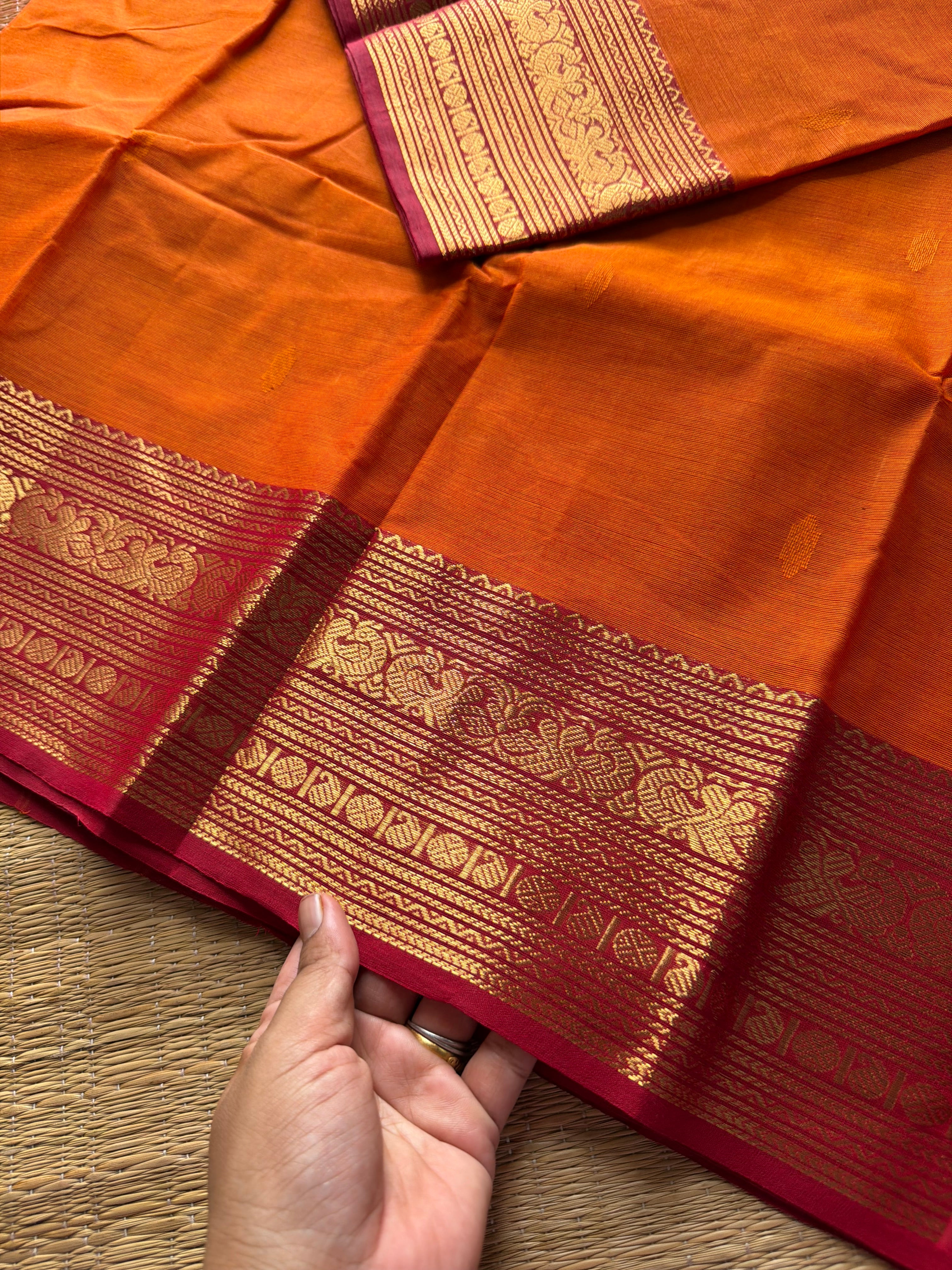 RF610 Dark orange with maroon combination Kanchi cotton saree with handmade thread buttas