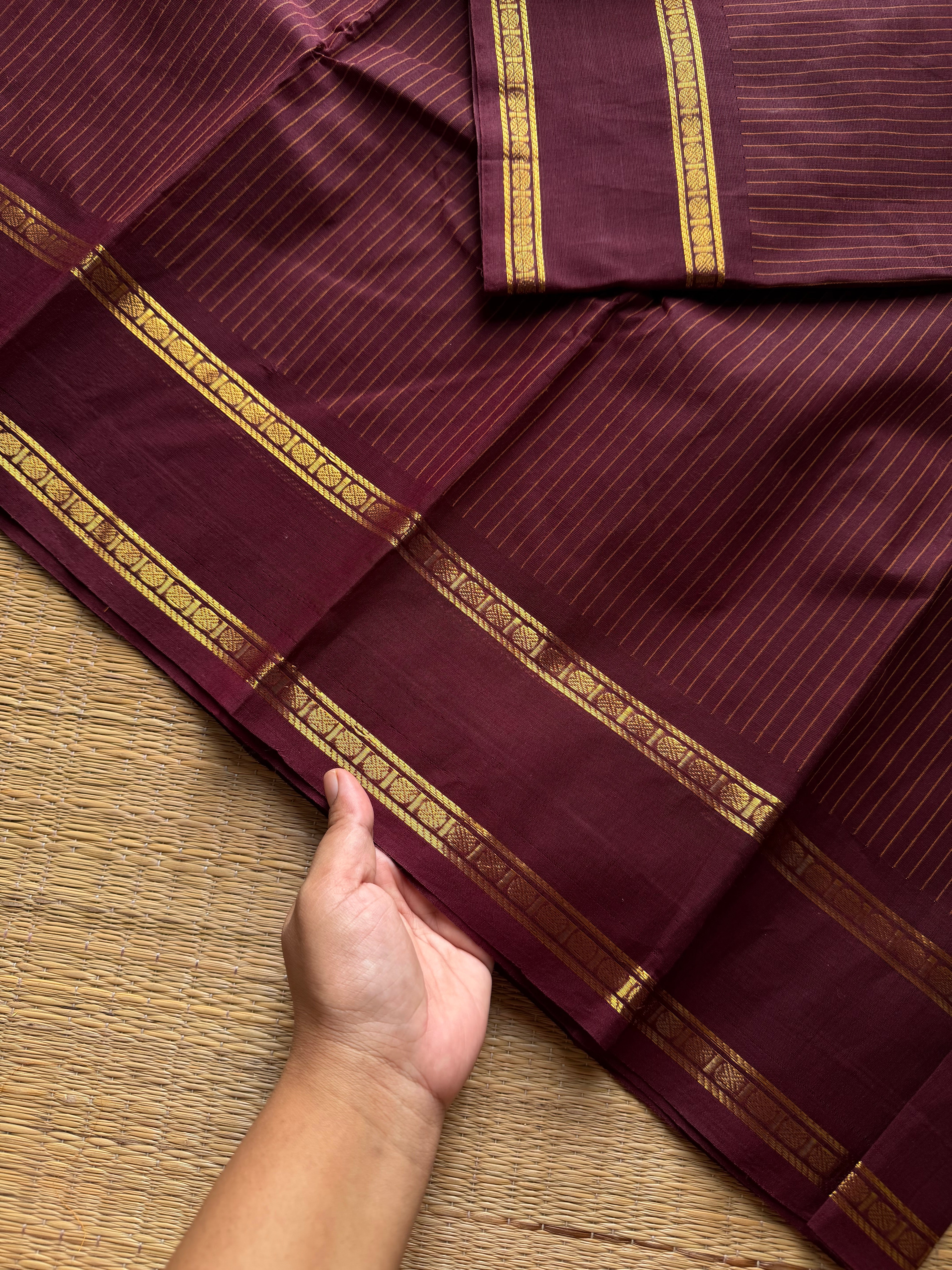 RF1002 Monotone Dark Maroon shade Kanchi cotton saree Vaira Oosi thread vertical lines pattern with vintage Rettapet border