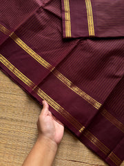 RF1002 Monotone Dark Maroon shade Kanchi cotton saree Vaira Oosi thread vertical lines pattern with vintage Rettapet border