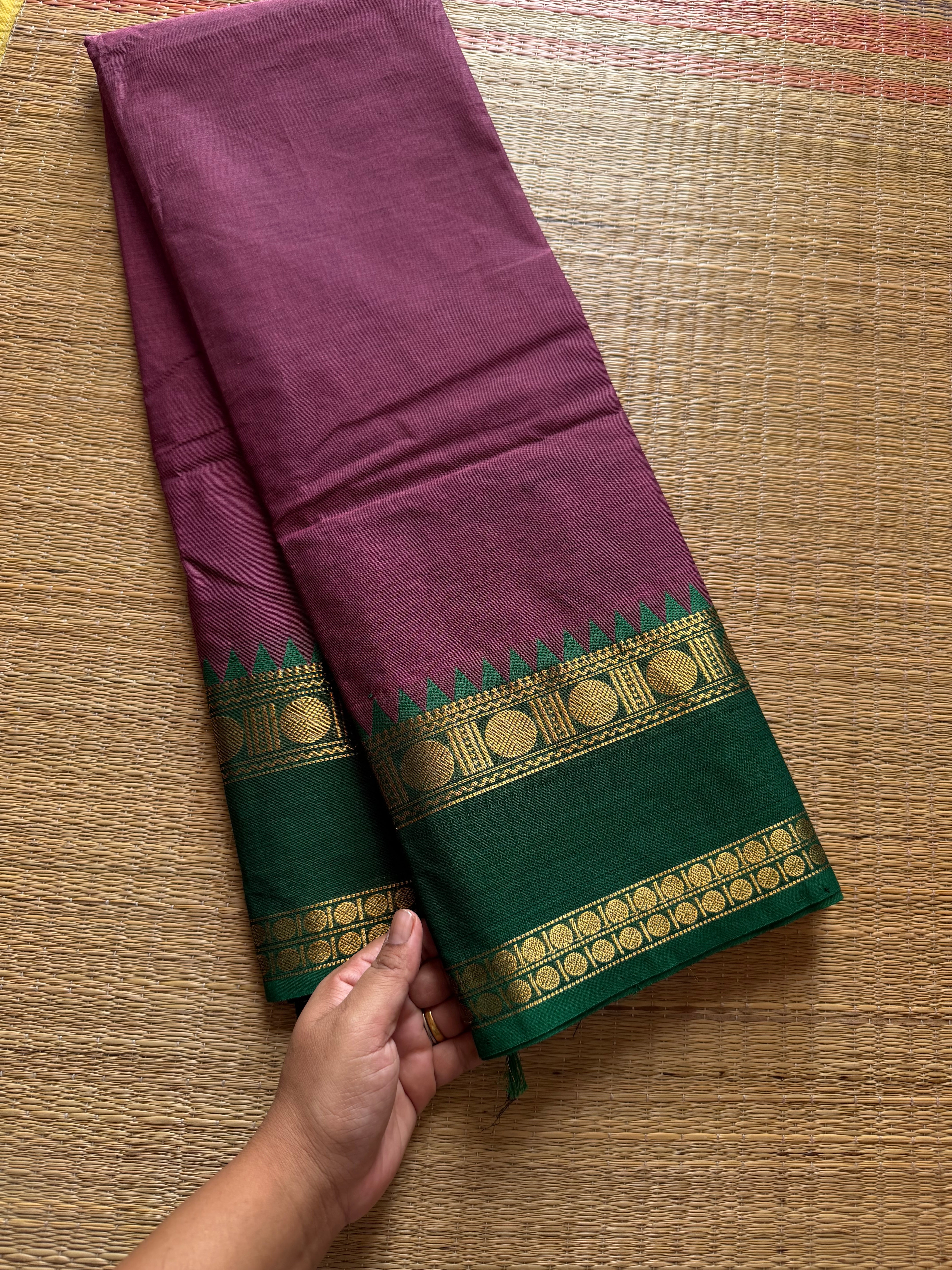 RF435 Grape shade with contrast green combination Kanchi cotton saree