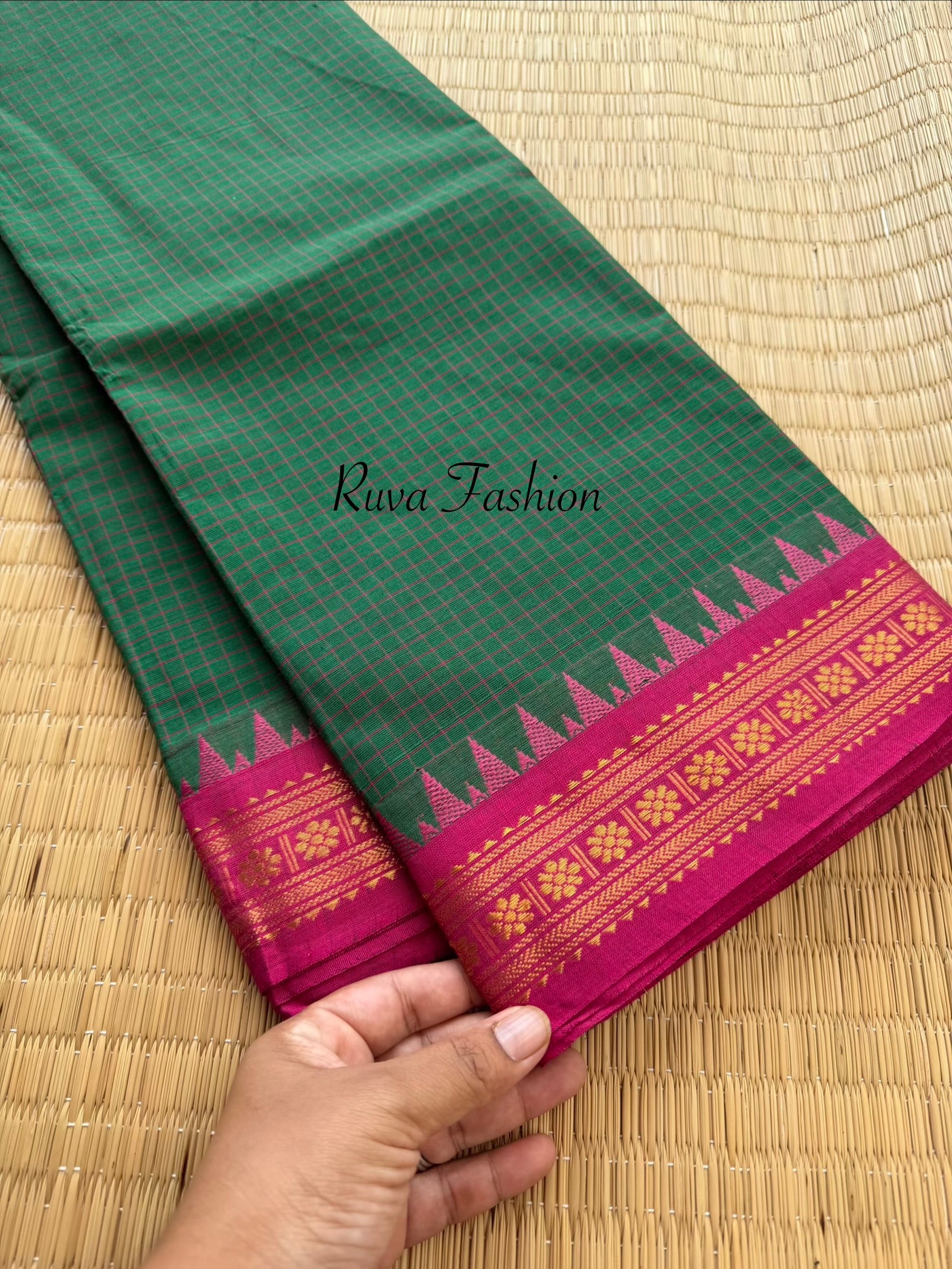 RF175 Green with pink combination vintage style Podikattam / small checks Kanchi cotton saree