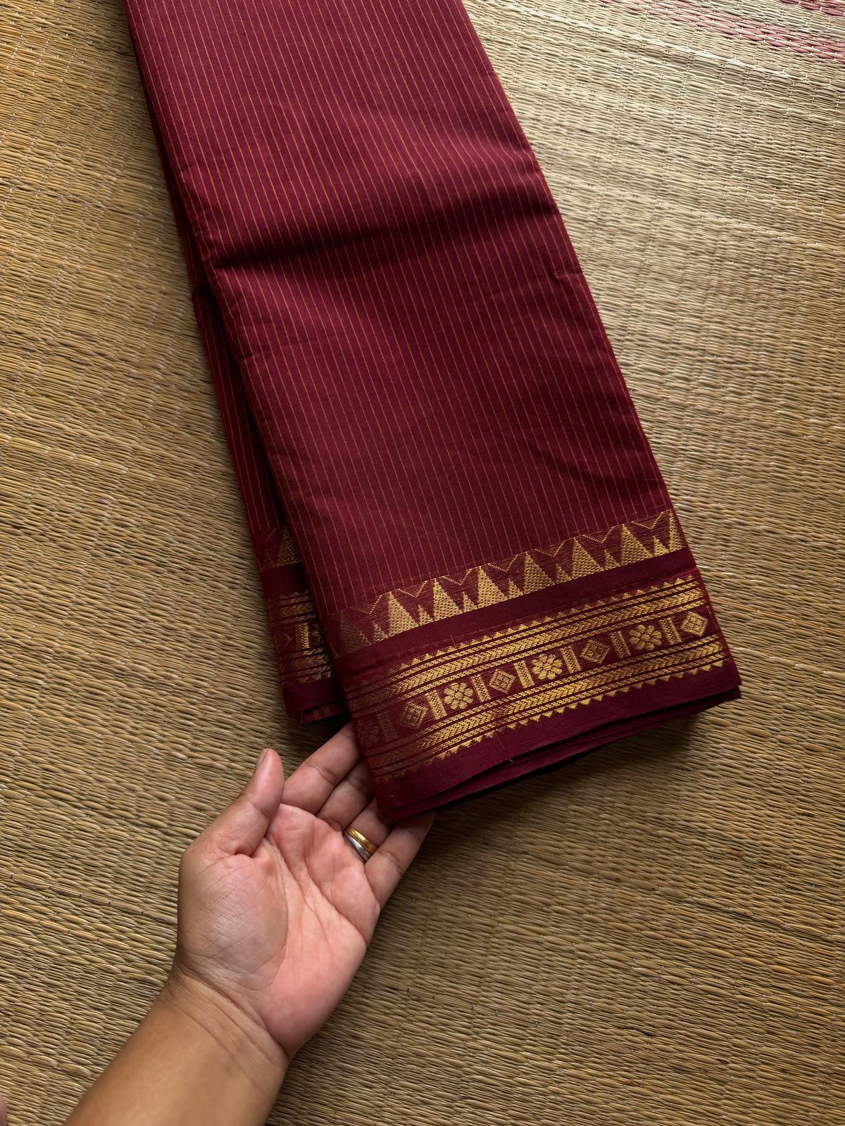 RF1386 Monotone Deep Maroon ~ Small border Kanchi cotton saree with thread weaving stripped lines pattern