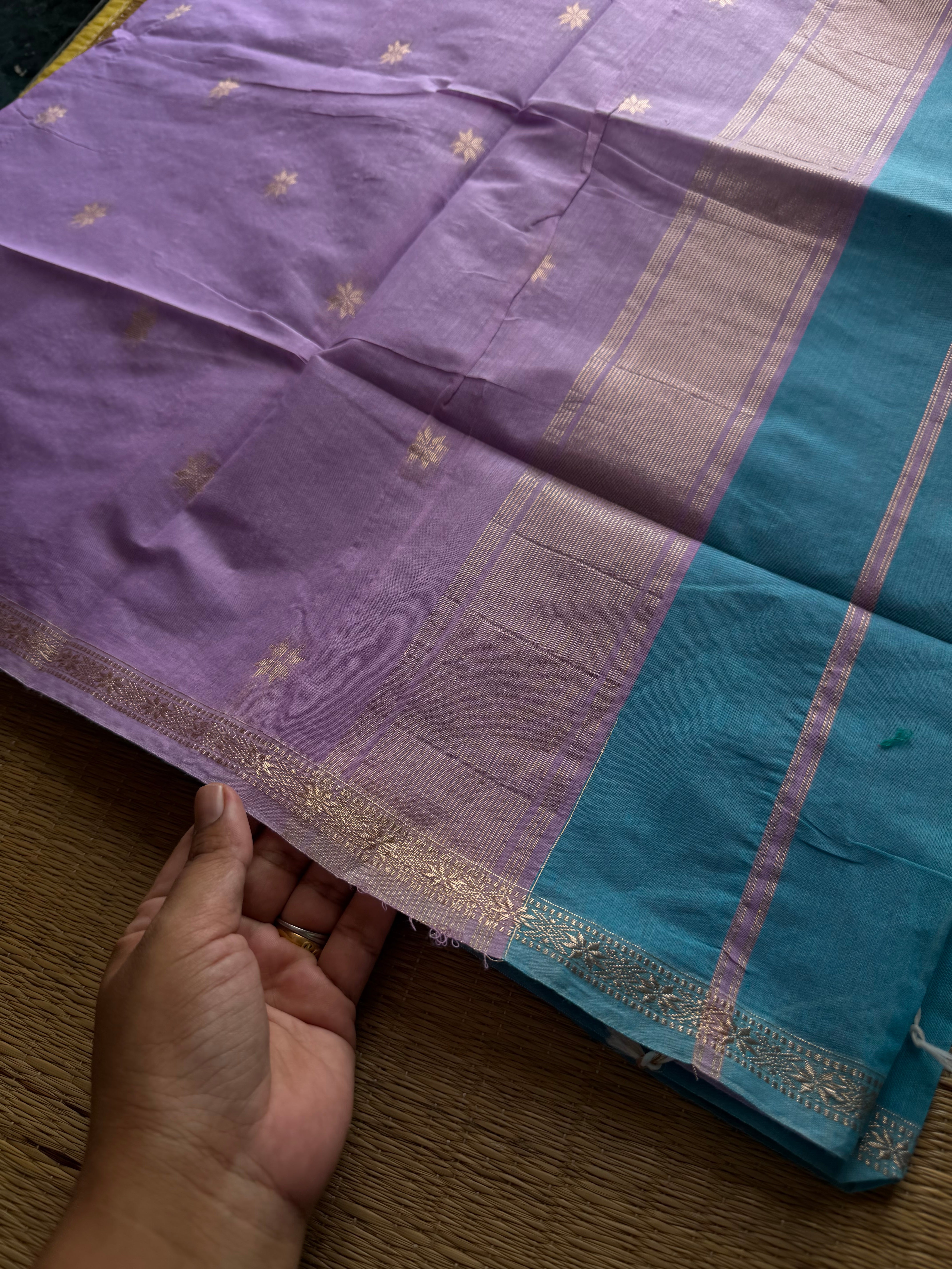 RF579 Turquoise blue shade Maheswari semi silk cotton saree with contrast light lavender shade Pallu and blouse