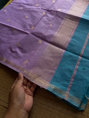 RF579 Turquoise blue shade Maheswari semi silk cotton saree with contrast light lavender shade Pallu and blouse