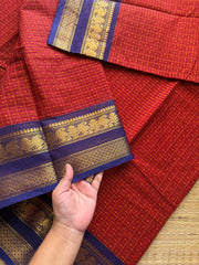 RF423 Rusty Red with deep royal blue combination Lakshadeepam / 1000 Buttas checks / Kattam pattern Kanchi cotton saree