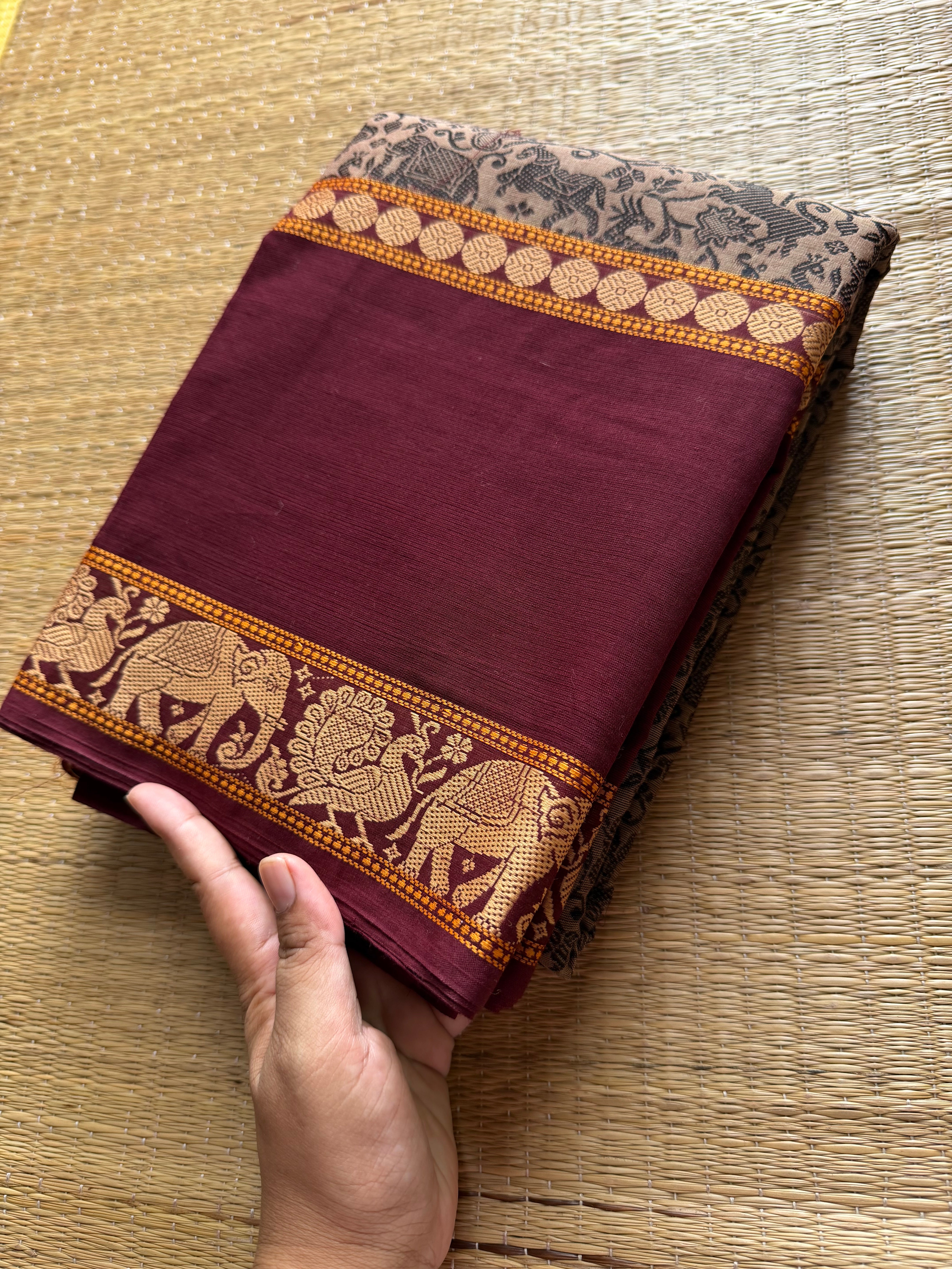 RF561 Premium & Exclusive Vanasingaram Kanchi Cotton saree ~ Biscuit with brown