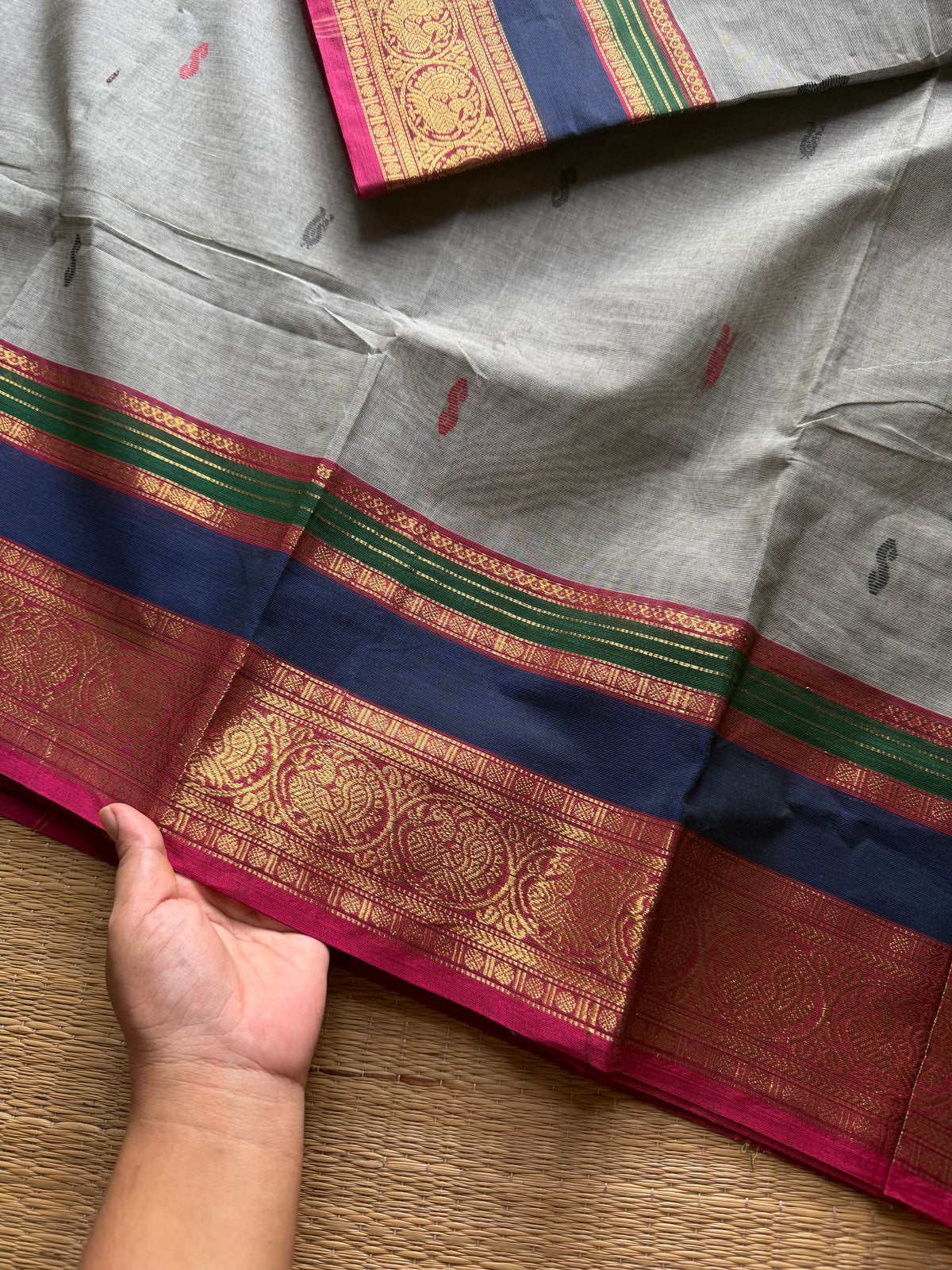 Dual tone grey shade Kanchi cotton saree with multi color contrast border and handmade thread buttas