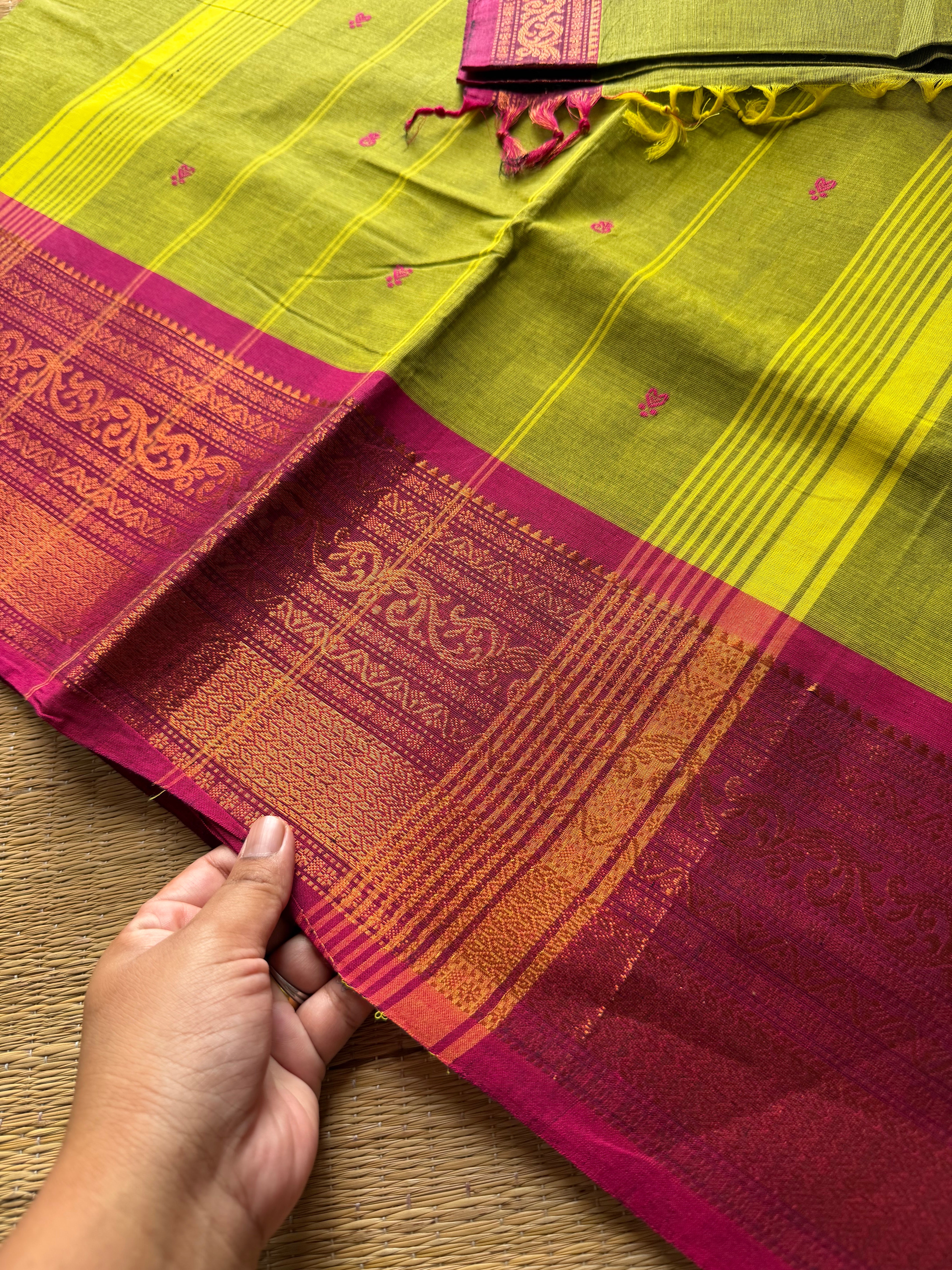RF894 Kanchi cotton saree with handmade thread buttas ~ Green shade