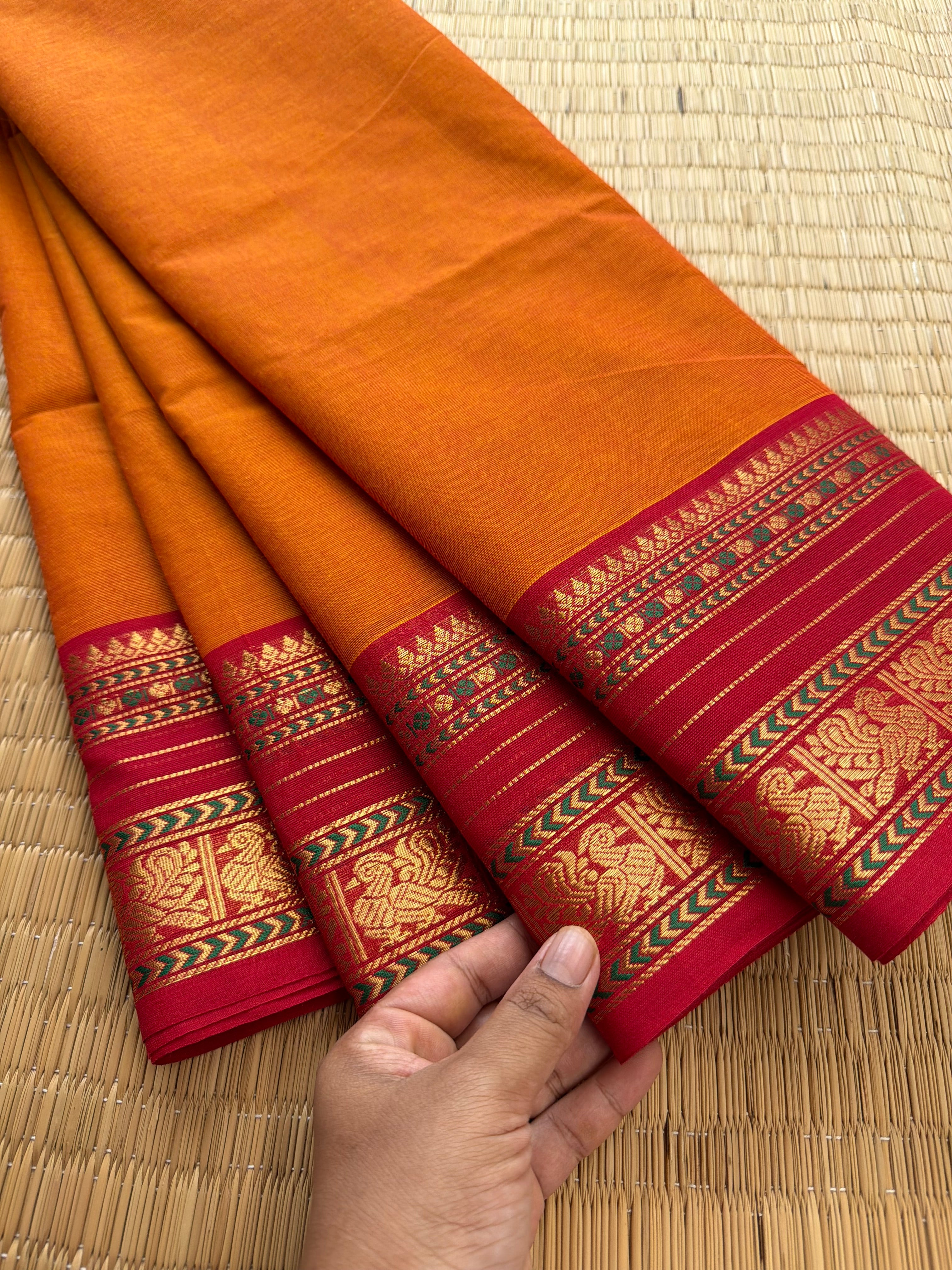 RF173 Orange with green combination Kanchi cotton saree