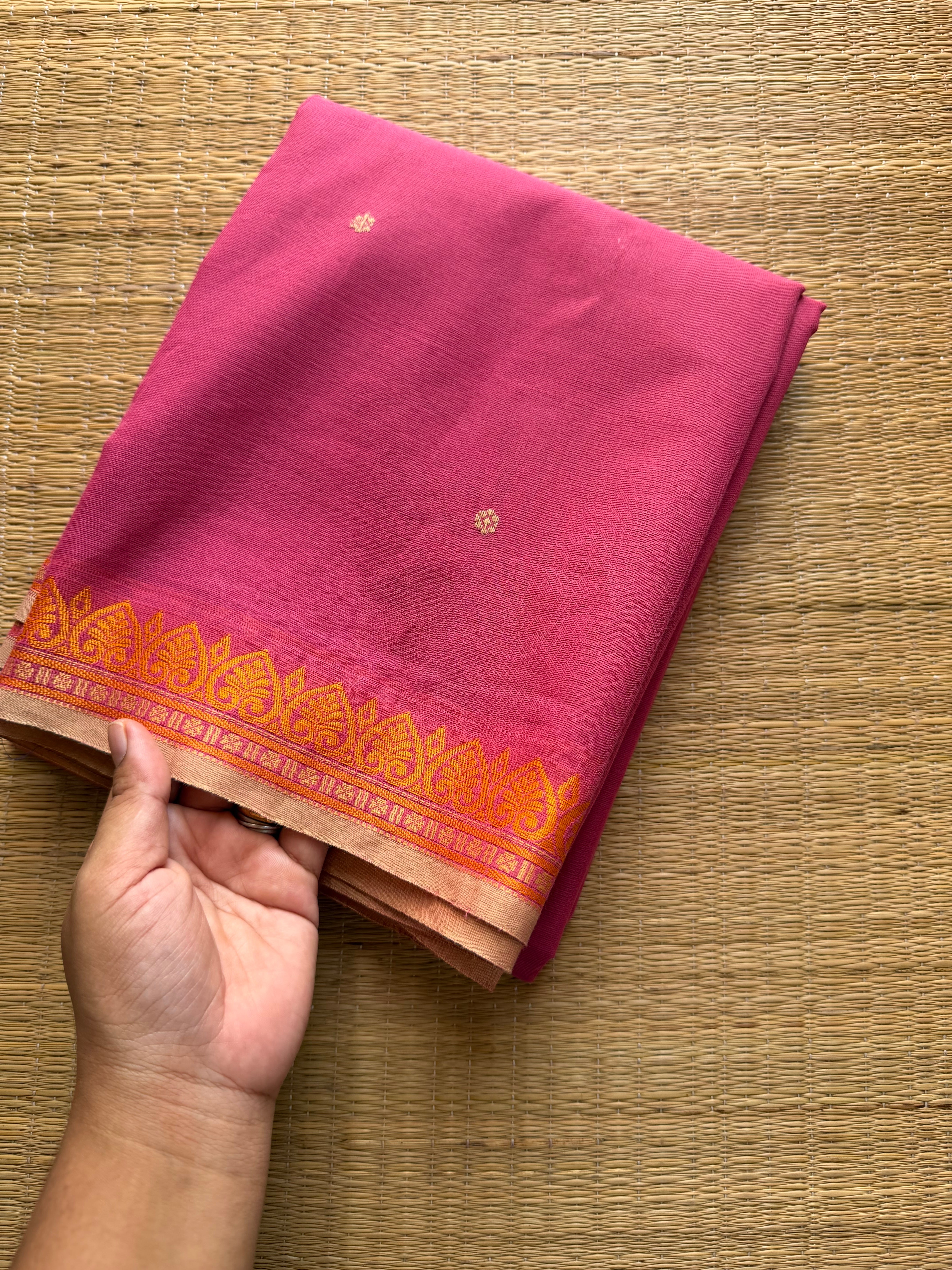 RF217 Lotus pink shade small thread border Kanchi cotton saree with handmade thread buttas