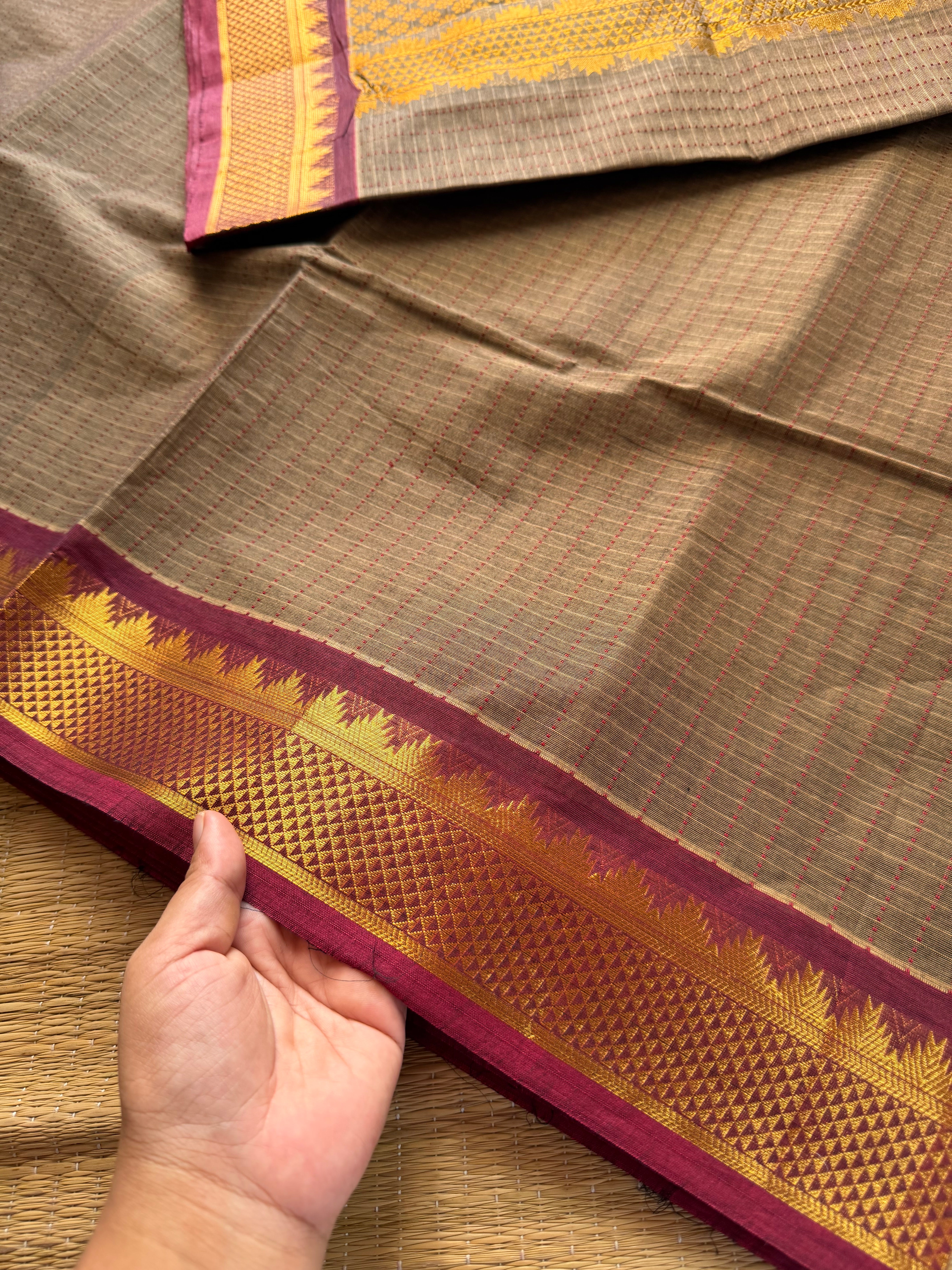 RF349 Grey with contrast small maroon zari small Thazhampoo border Kanchi cotton saree with rich Zari woven Pallu
