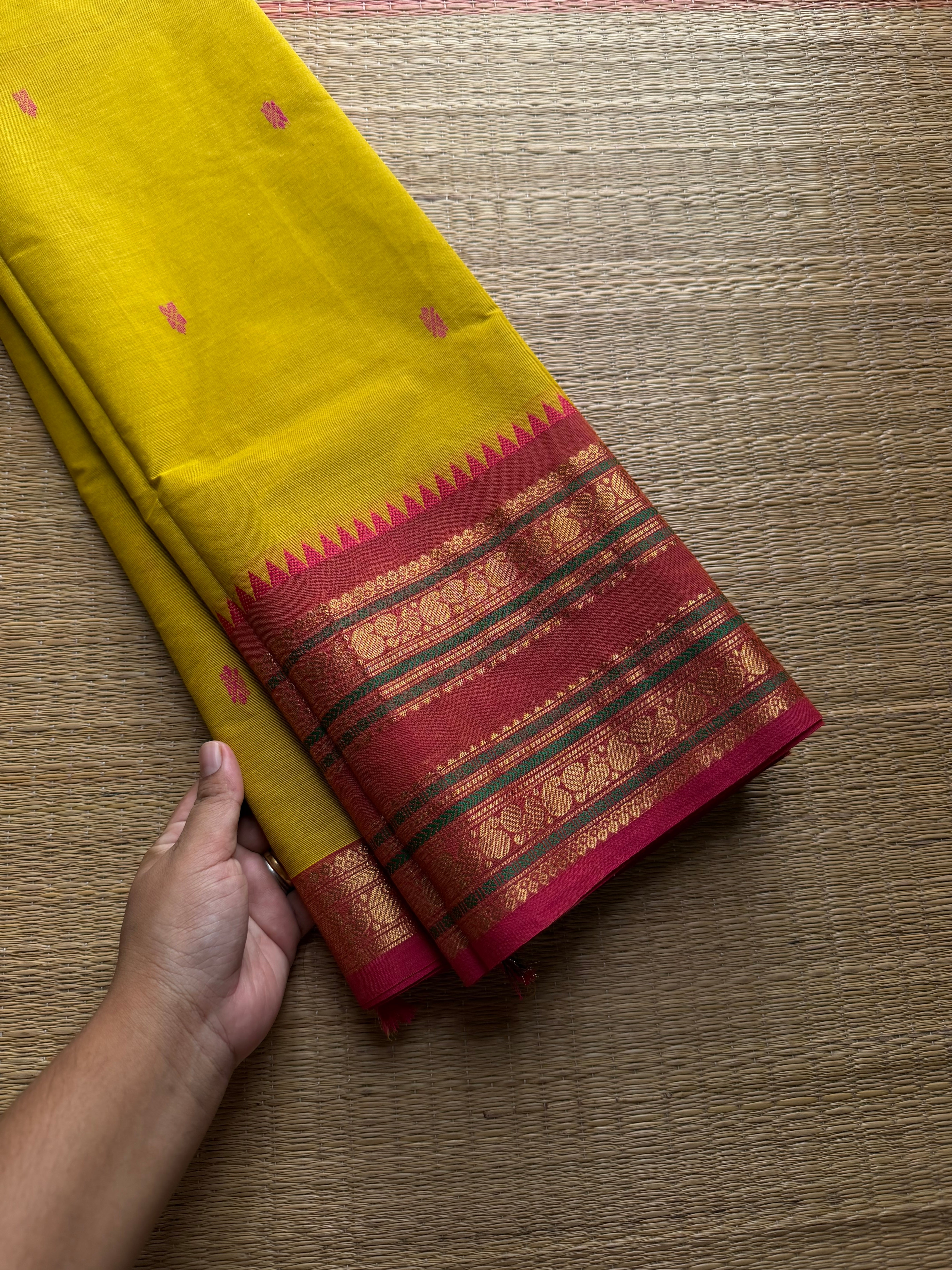RF796 Mustard yellow with pinkish peach combination Kanchi cotton saree with handmade thread buttas