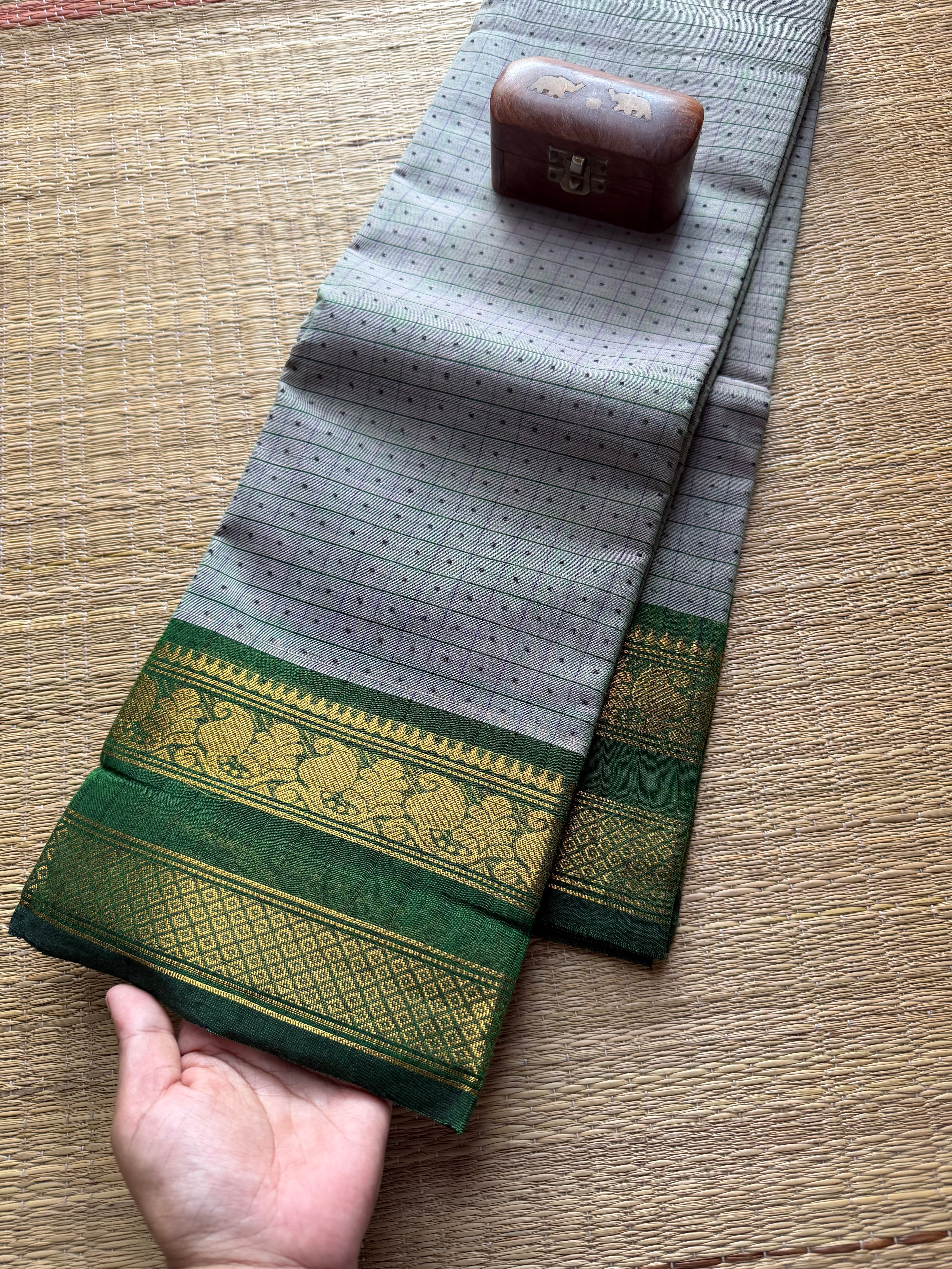 Dual tone grey with green 1000 butta / Lakshadeepam Kanchi cotton saree