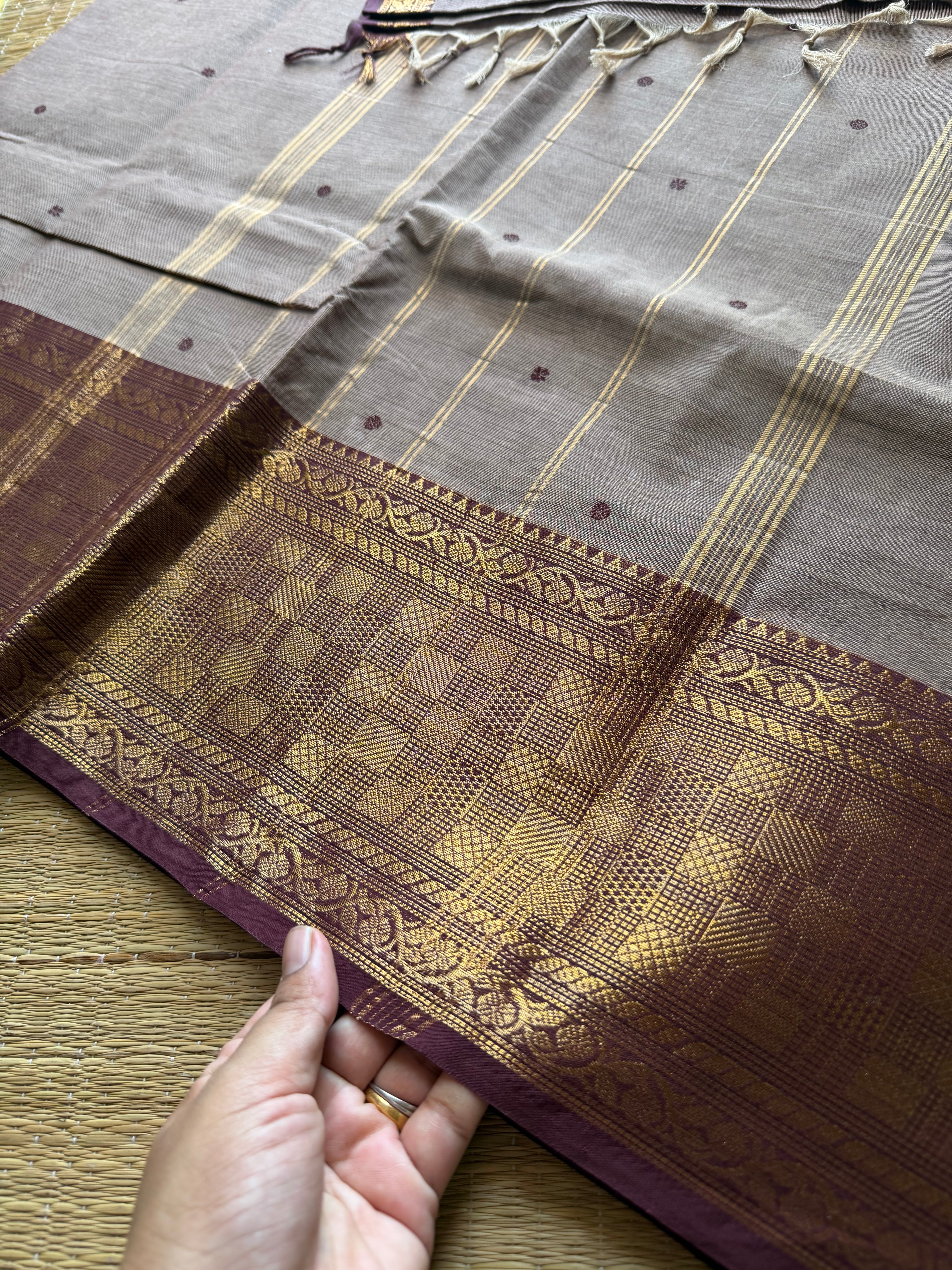 RF656 Dual tone biscuit shade with brown combination Kanchi cotton saree with handmade thread buttas