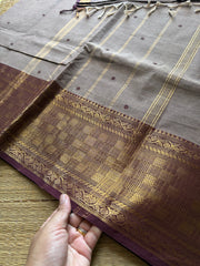 RF656 Dual tone biscuit shade with brown combination Kanchi cotton saree with handmade thread buttas
