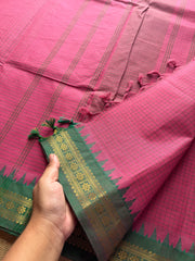 RF270 Light Pink with green combination Podi Kattam Kanchi cotton saree with small border