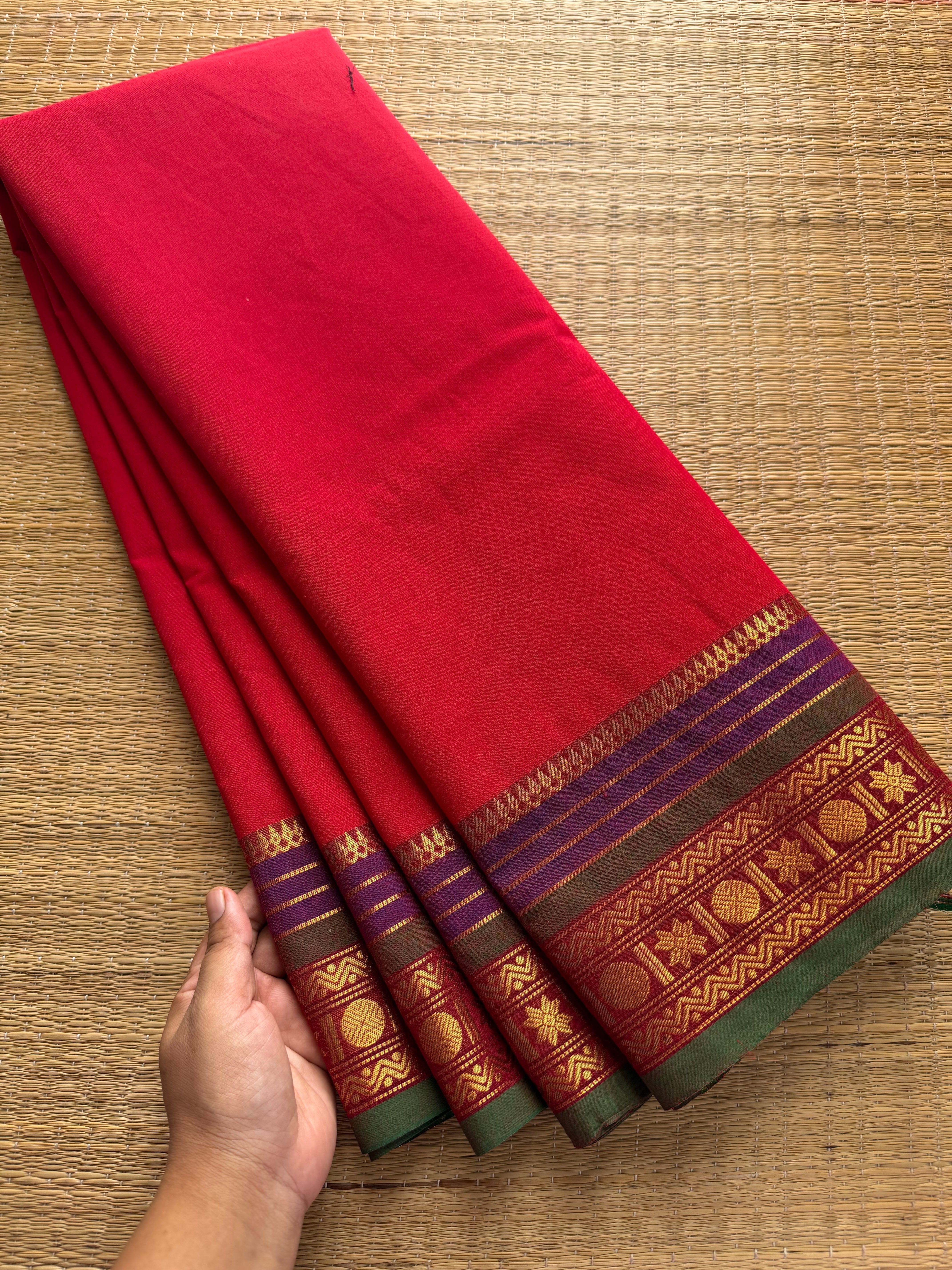 RF397 Red Shade Kanchi Cotton Saree with multi color contrast border