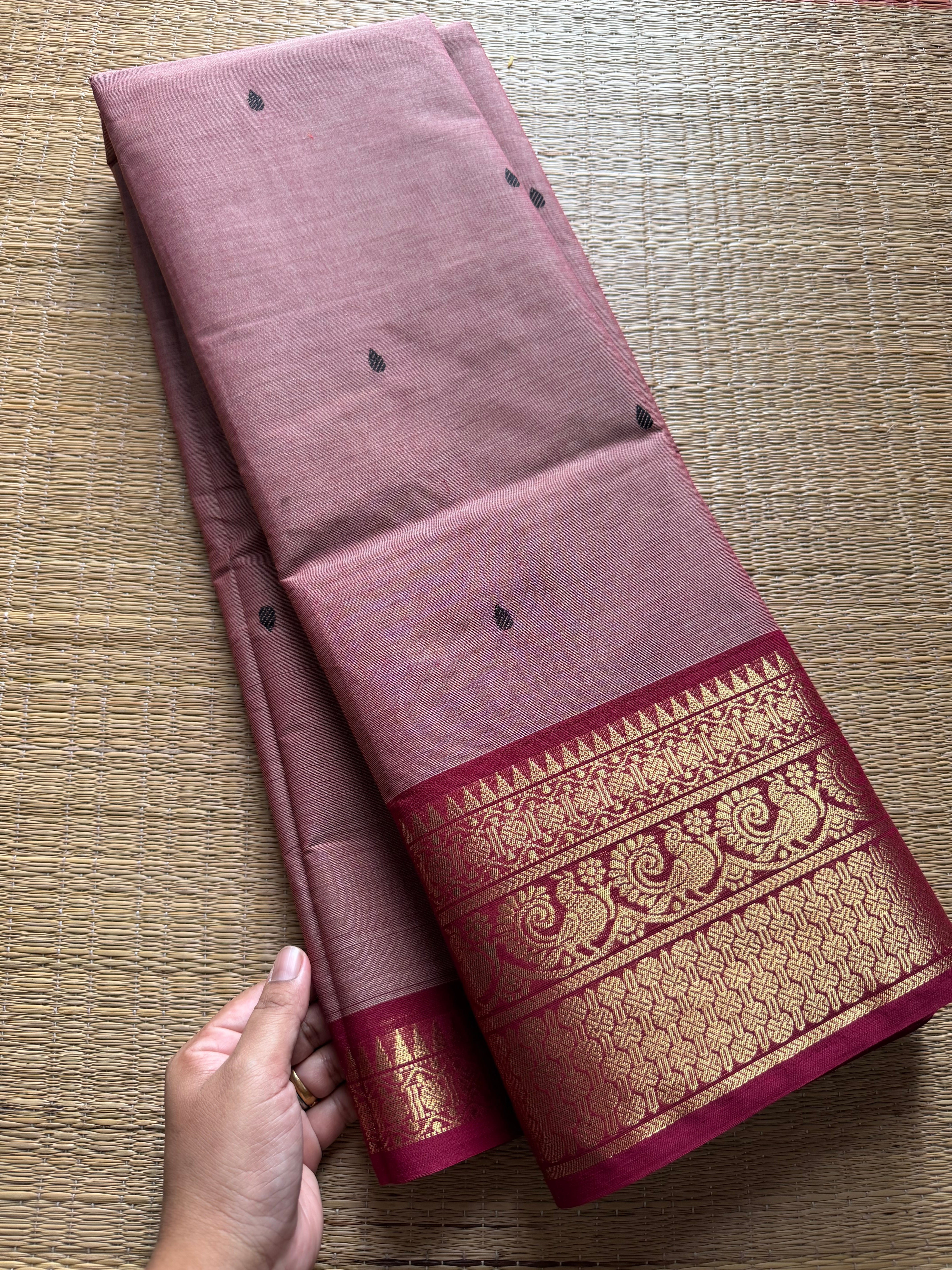 RF243 Light onion pink shade with maroon combination Kanchi cotton saree with handmade thread buttas