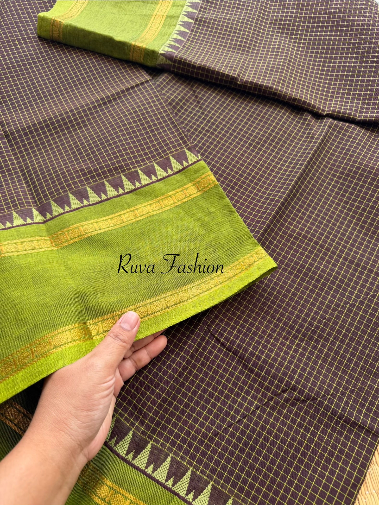 RF127 Brown with Green Combination Vintage Podi Kattam Kanchi Cotton Saree