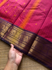 RF736 Kattam edition ~ Magenta pink shade Kanchi cotton saree with checks pattern & handmade thread buttas