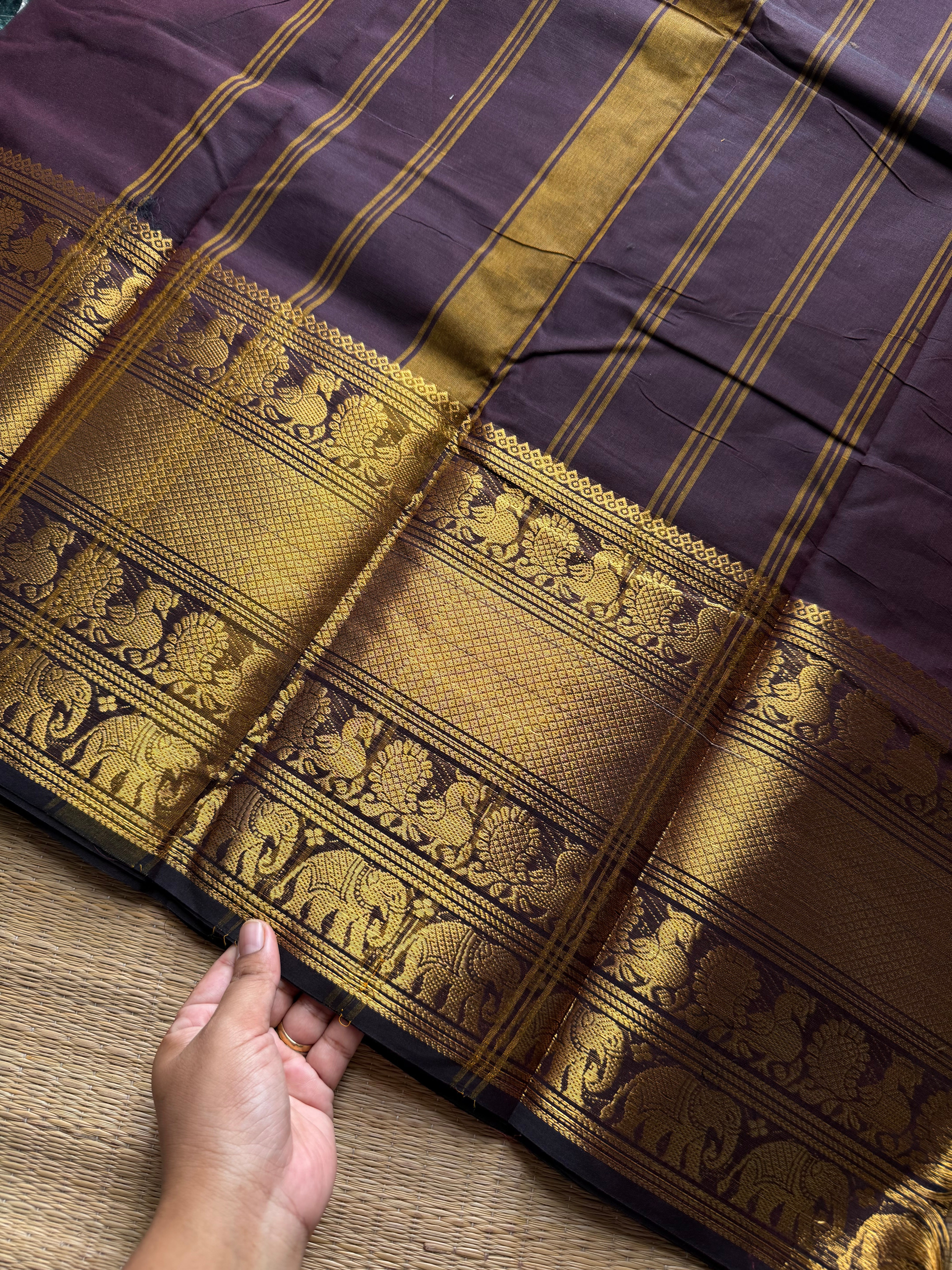 RF1229 Deep coffee brown Kanchi cotton saree with big / long border