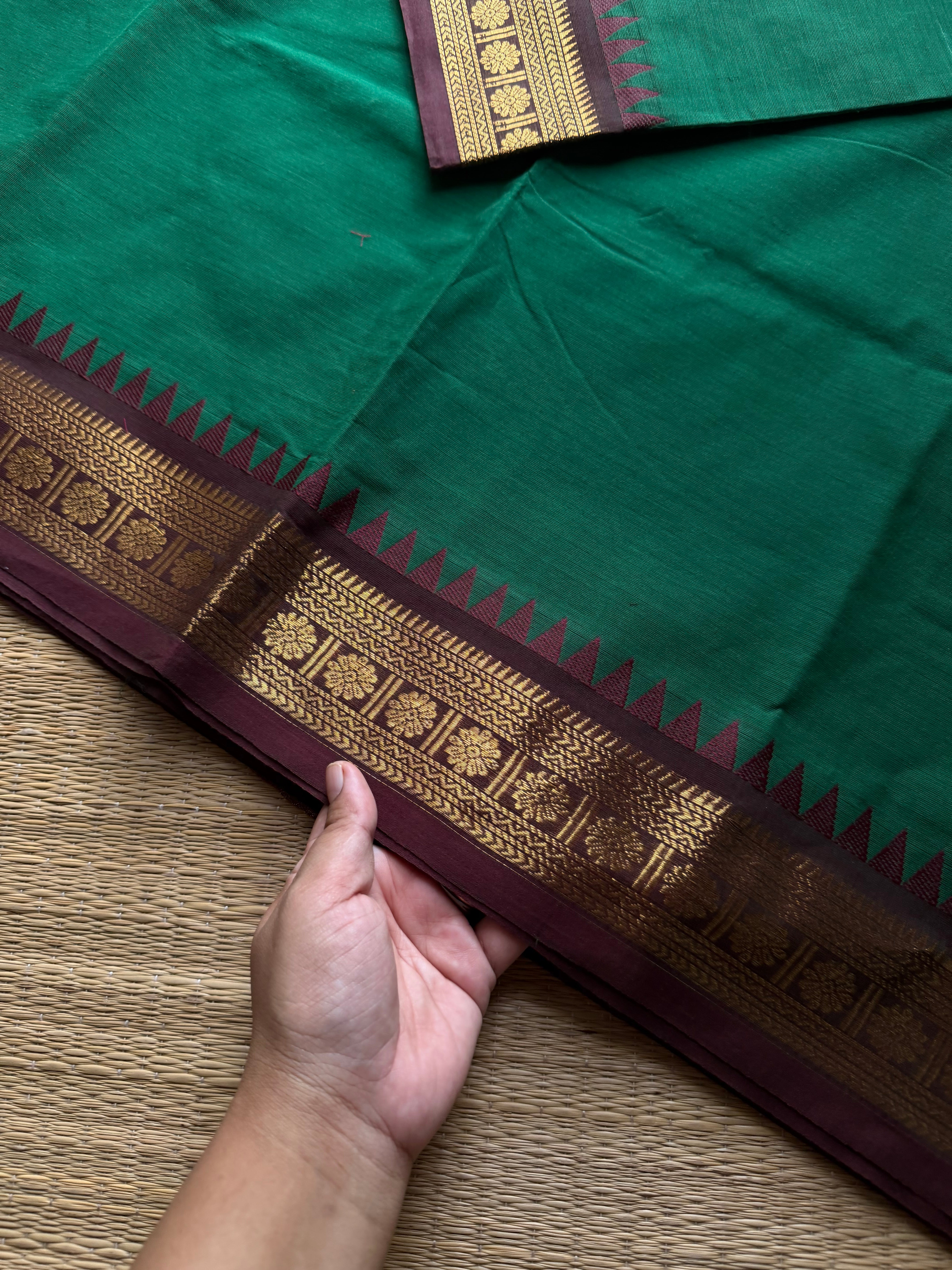RF1205 Small border Kanchi cotton saree ~ green with brown
