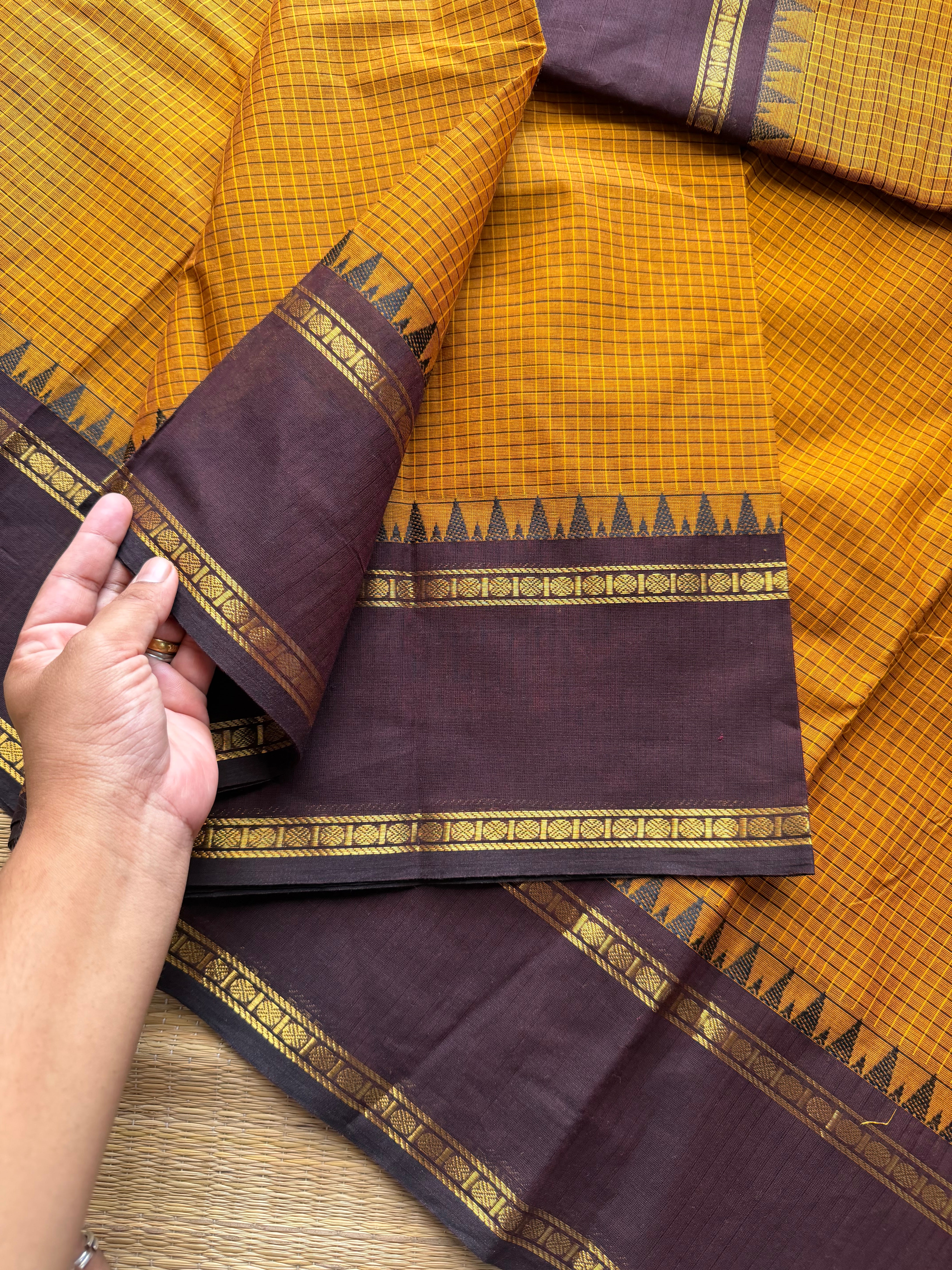RF720 Vintage edition ~ Mustard yellow with brown Kanchi cotton saree with podi kattam / small checks pattern
