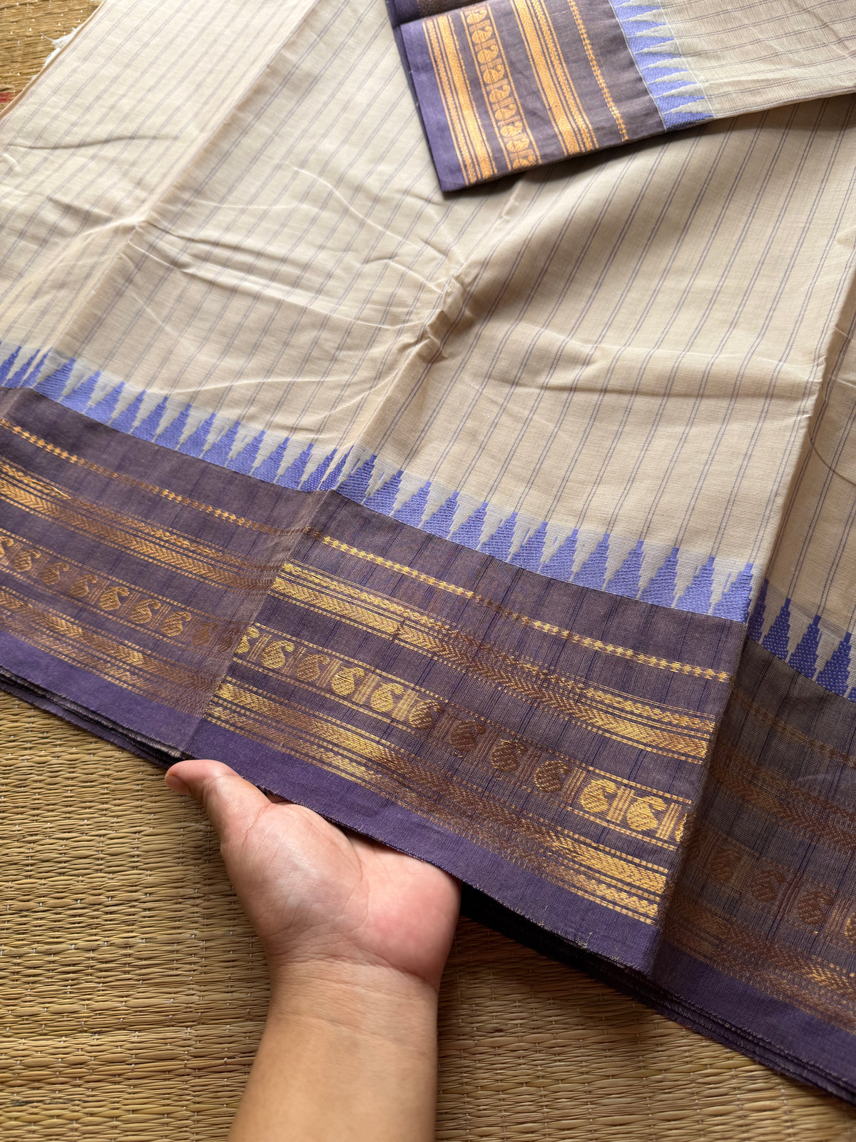 RF532 Half white with light lavender Combination Kanchi Cotton Saree With Stripped pattern
