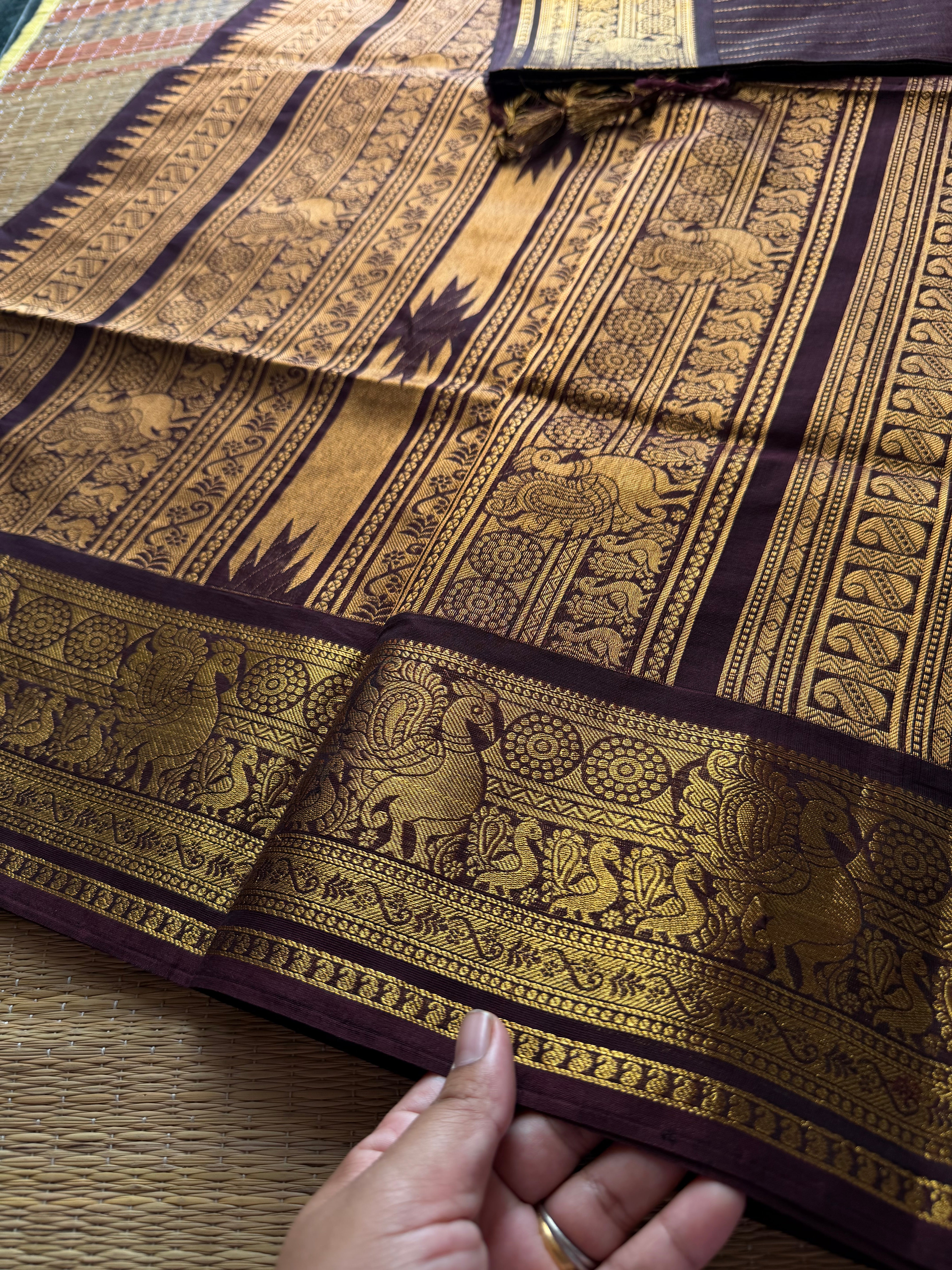 RF660 Rich Pallu Kanchi Cotton Saree with Vairaoosi Pattern ~ Monotone deep coffee brown