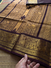 RF660 Rich Pallu Kanchi Cotton Saree with Vairaoosi Pattern ~ Monotone deep coffee brown