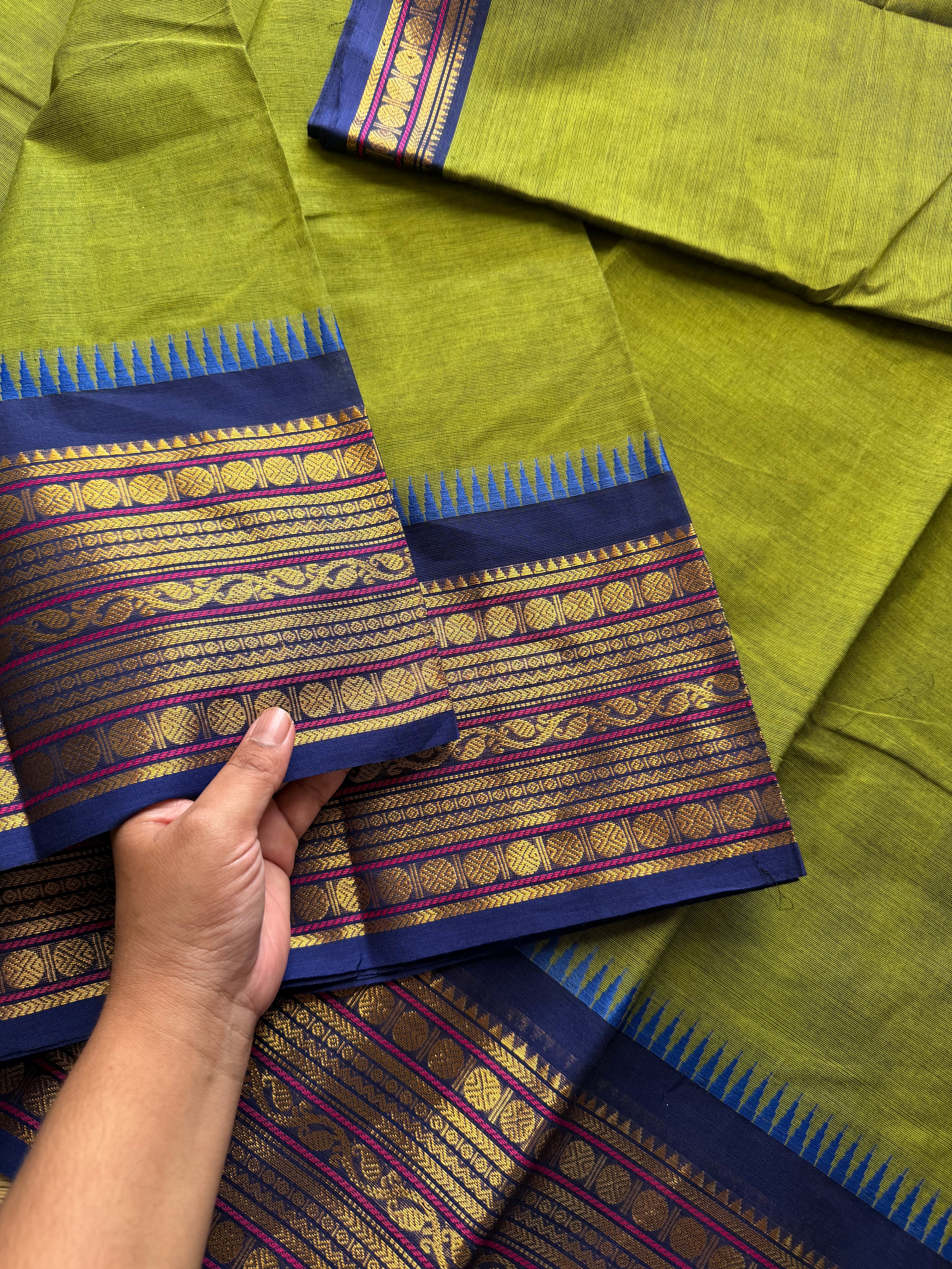 RF353 Green with contrast royal blue combination Kanchi cotton saree