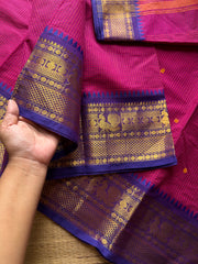 RF1294 Magenta pink shade Kanchi cotton saree with Podikattam / small checks pattern & handmade thread buttas