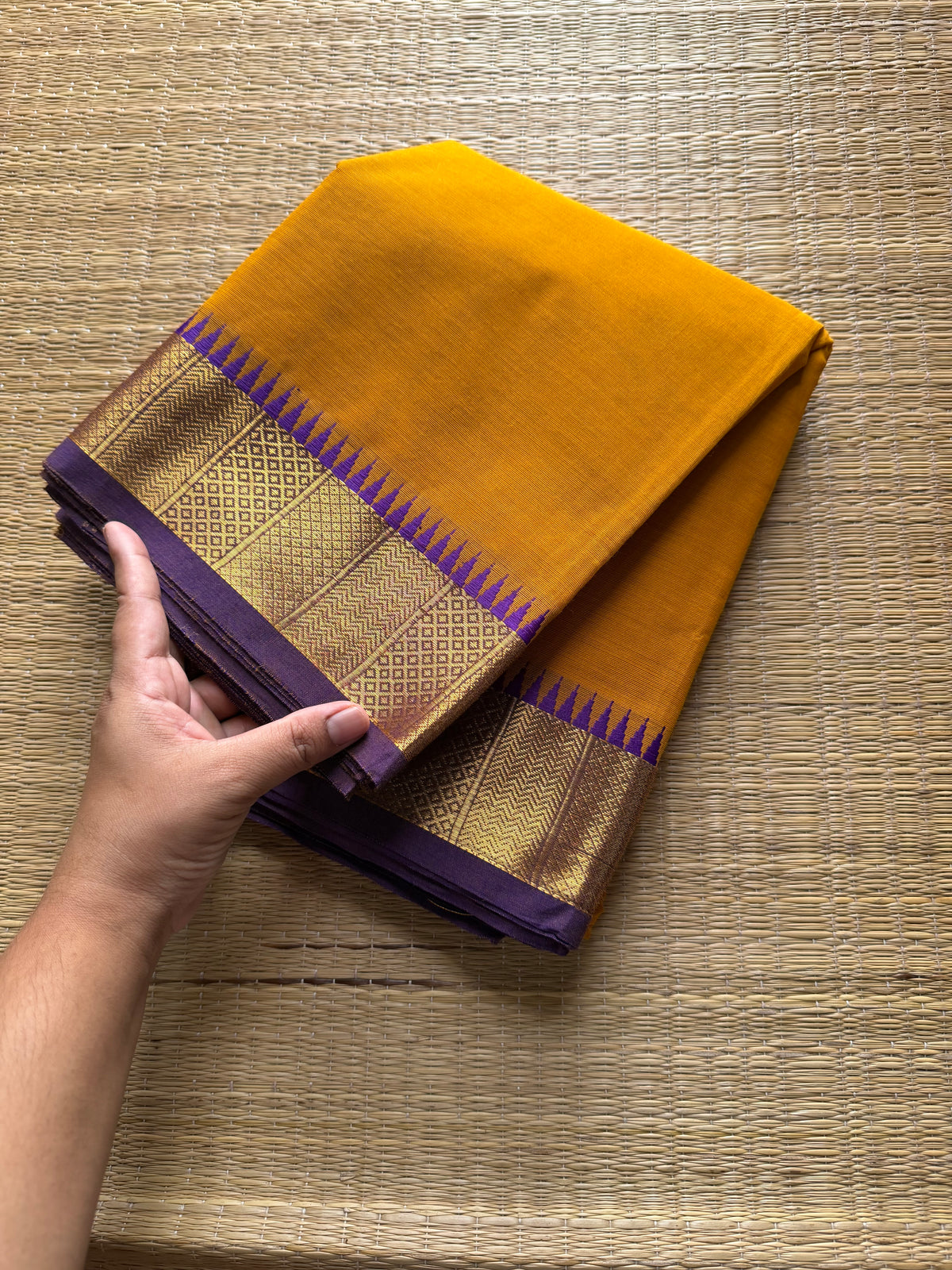 RF283 Mustard yellow shade with purple combination Kanchi cotton saree