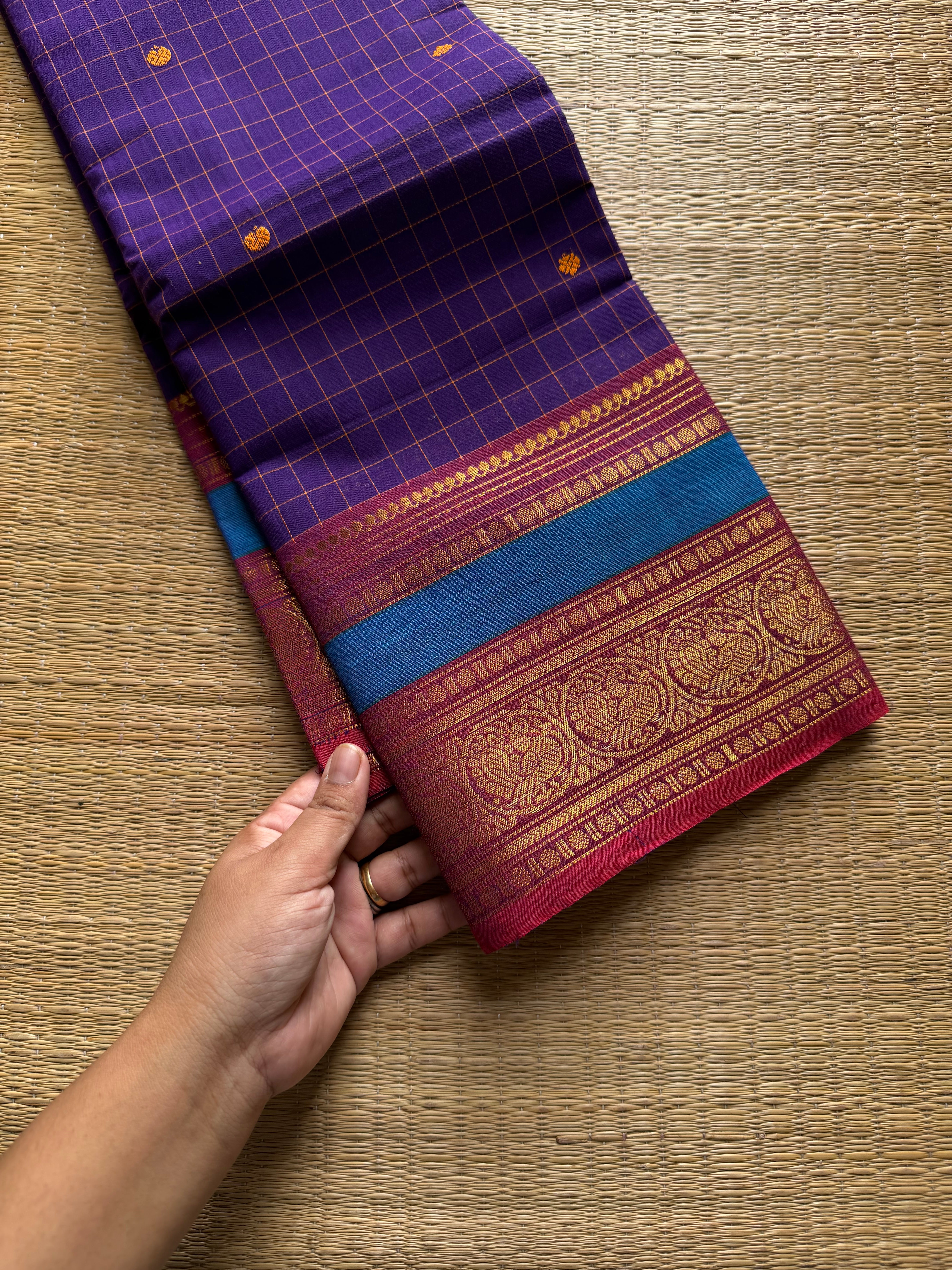 RF1239 Purple & blue mixed shade ~ vintage Kattam Kanchi cotton saree with handmade thread buttas