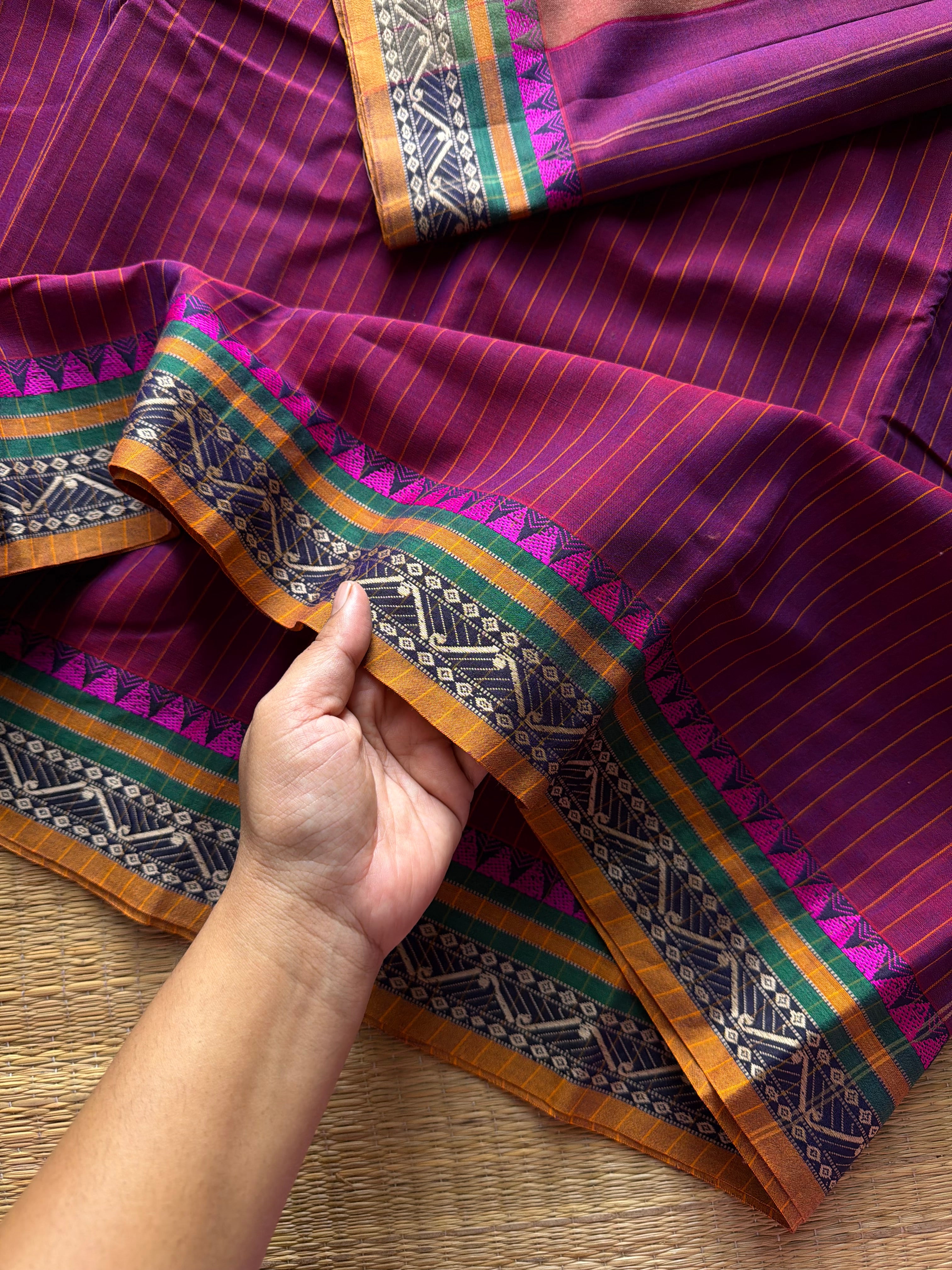 RF1314 Magenta pink shade ~ Narayanpet Mercerised soft cotton saree with stripped pattern