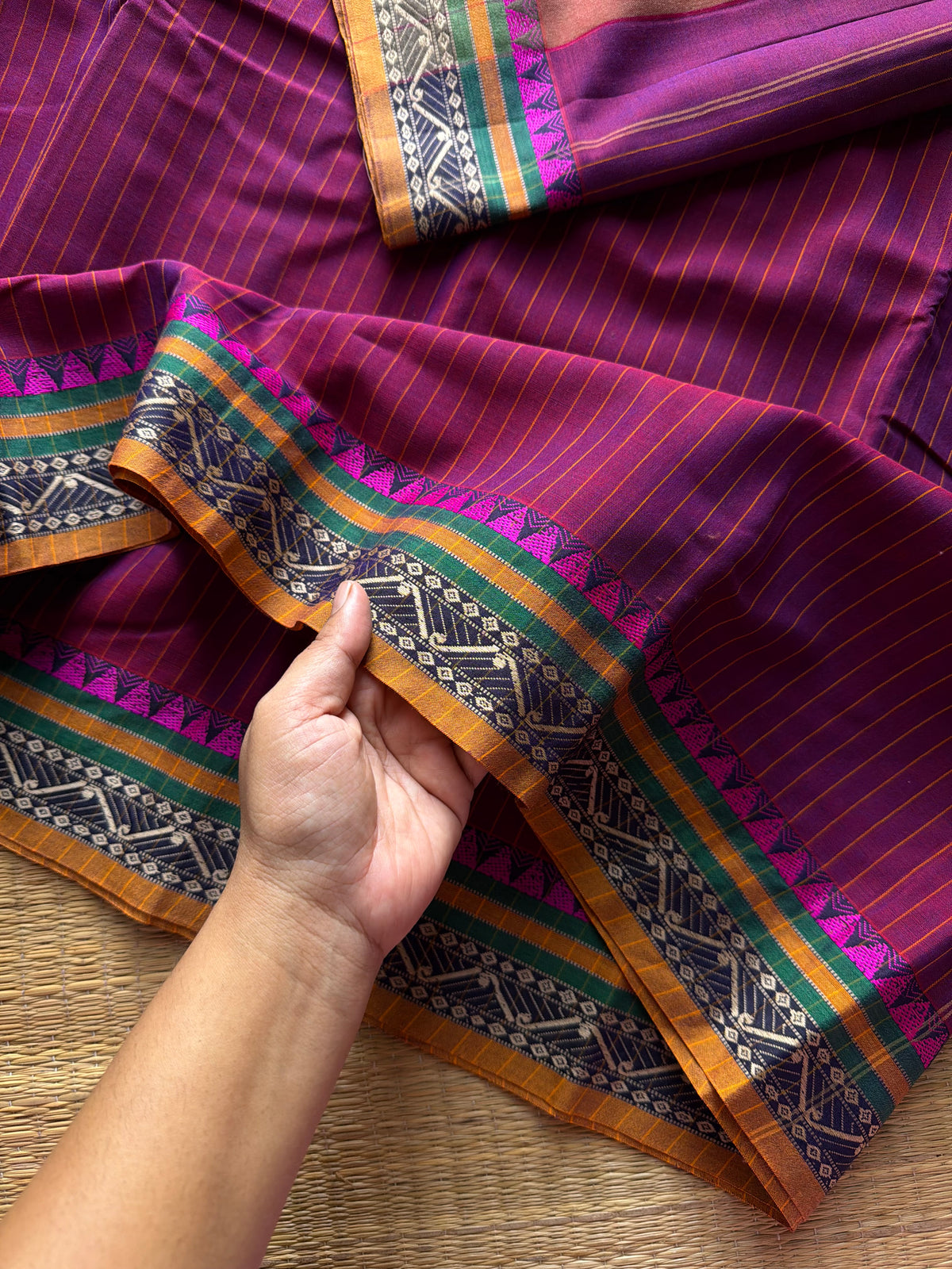 RF1314 Magenta pink shade ~ Narayanpet Mercerised soft cotton saree with stripped pattern