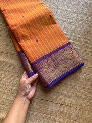 RF1068 Dark mango shade with purple combination Vanasingaram border Kanchi cotton saree with stripped pattern & handmade thread buttas