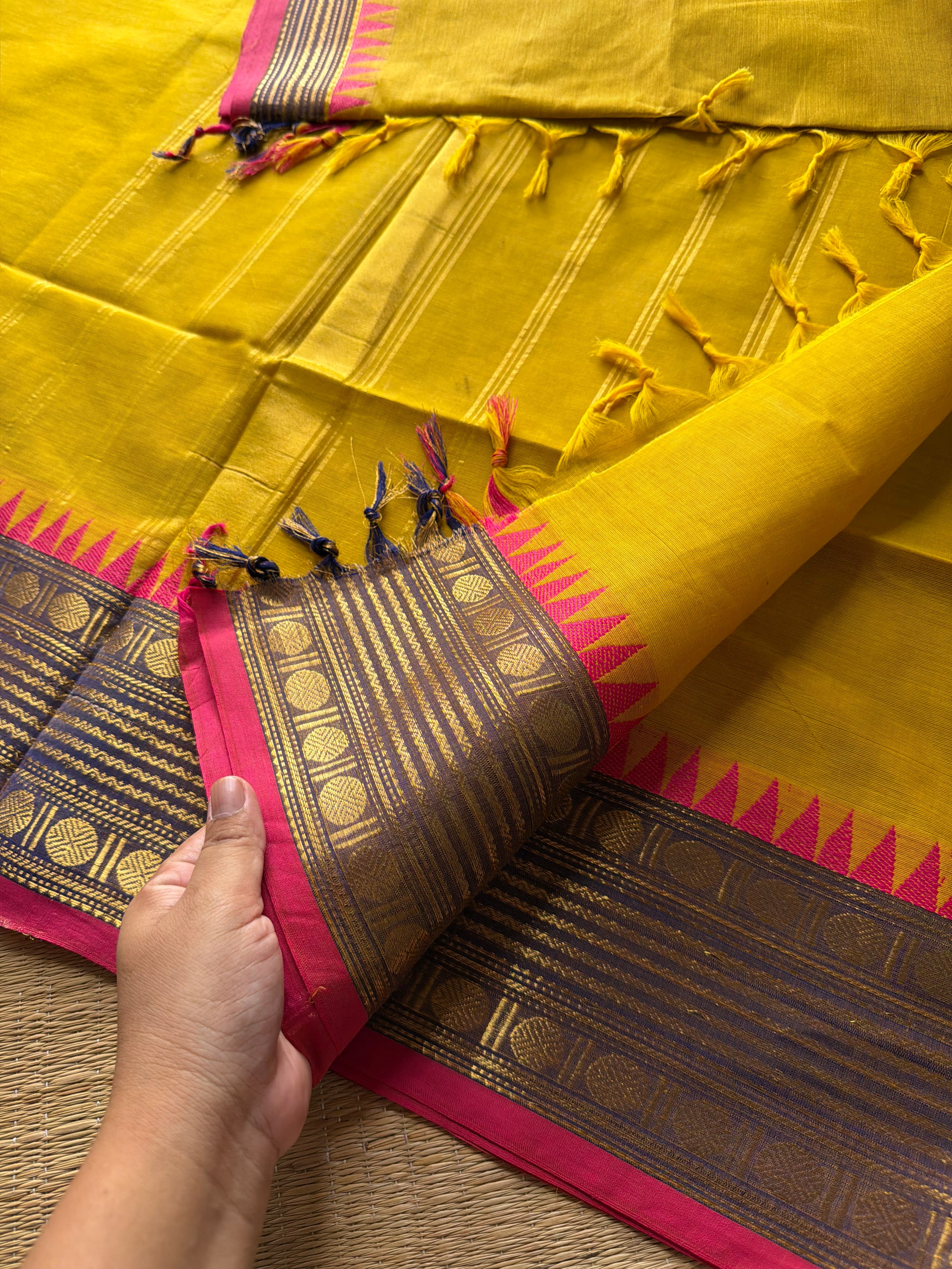 Mustard yellow Kanchi cotton saree unique contrast border