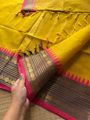 Mustard yellow Kanchi cotton saree unique contrast border