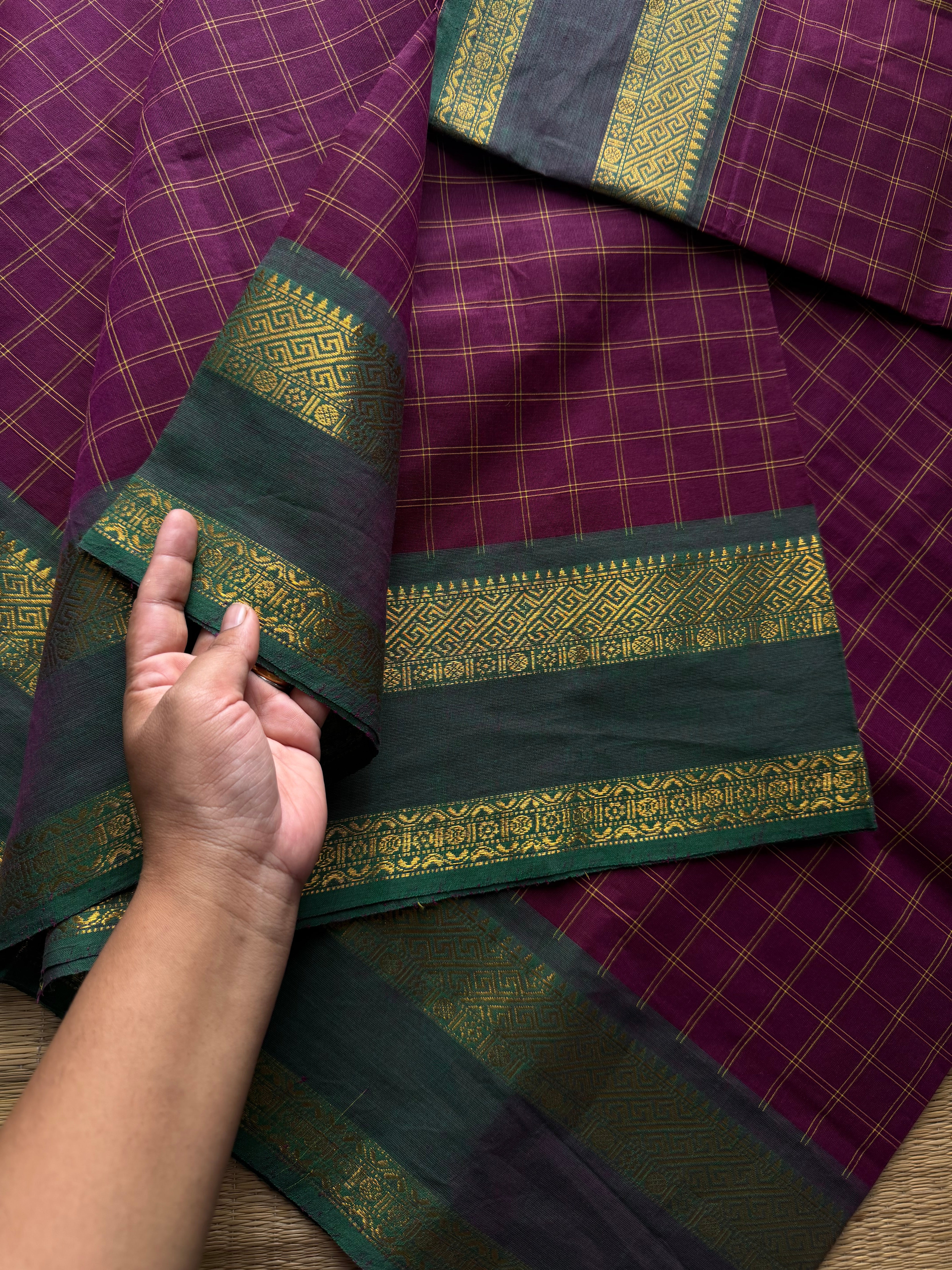 RF1153 Vintage Kattam ~ Magenta pink with green combination Kanchi cotton saree