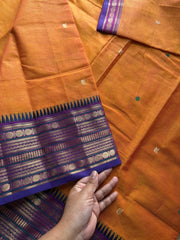 RF387 Dual tone mango shade and contrast violet border Kanchi cotton saree with handmade thread buttas