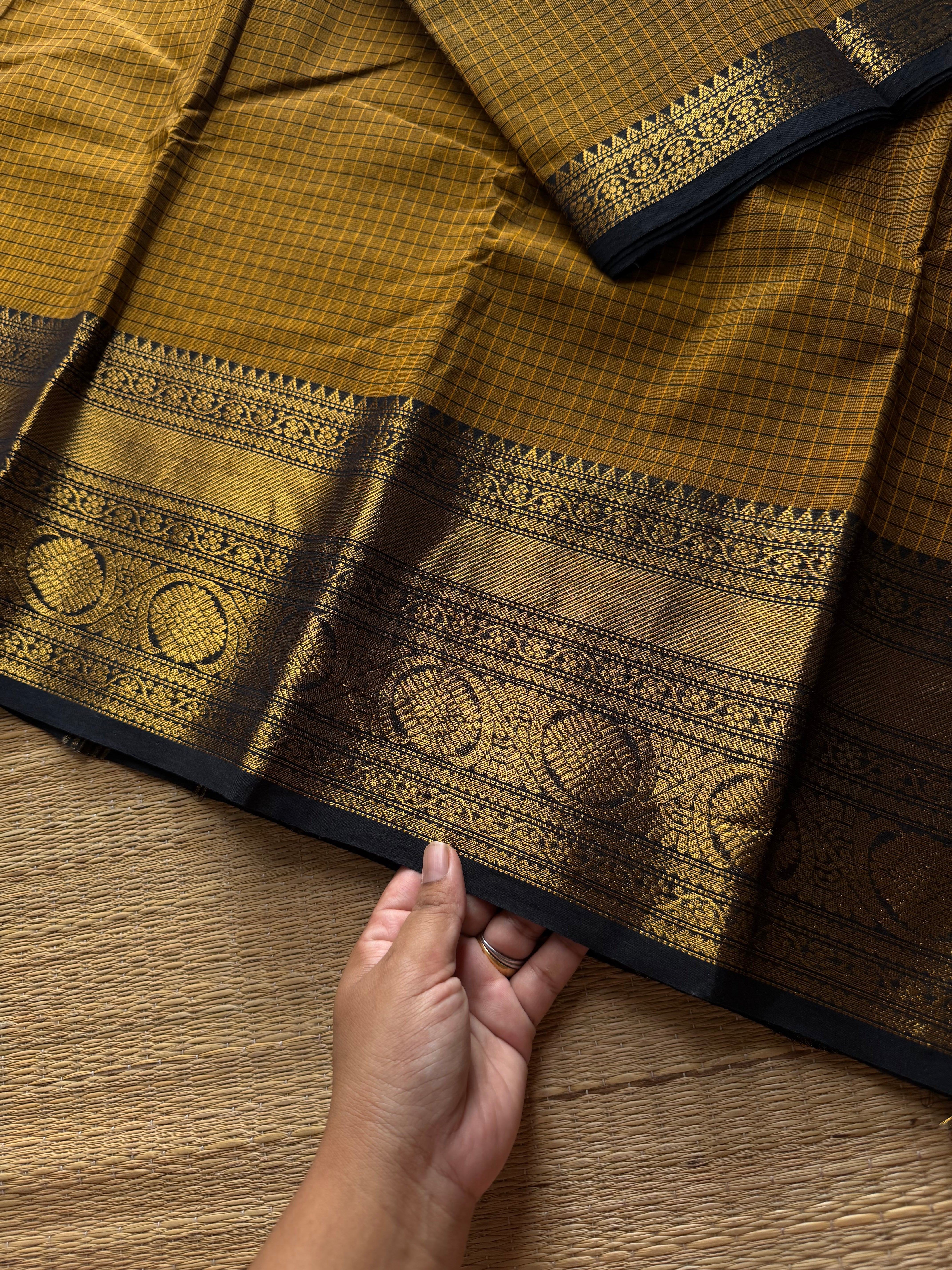 RF867 Vintage Kattam / Checks ~ Mustard yellow with black combination Kanchi cotton saree