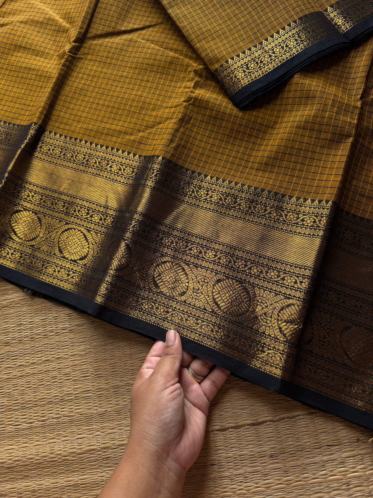RF867 Vintage Kattam / Checks ~ Mustard yellow with black combination Kanchi cotton saree