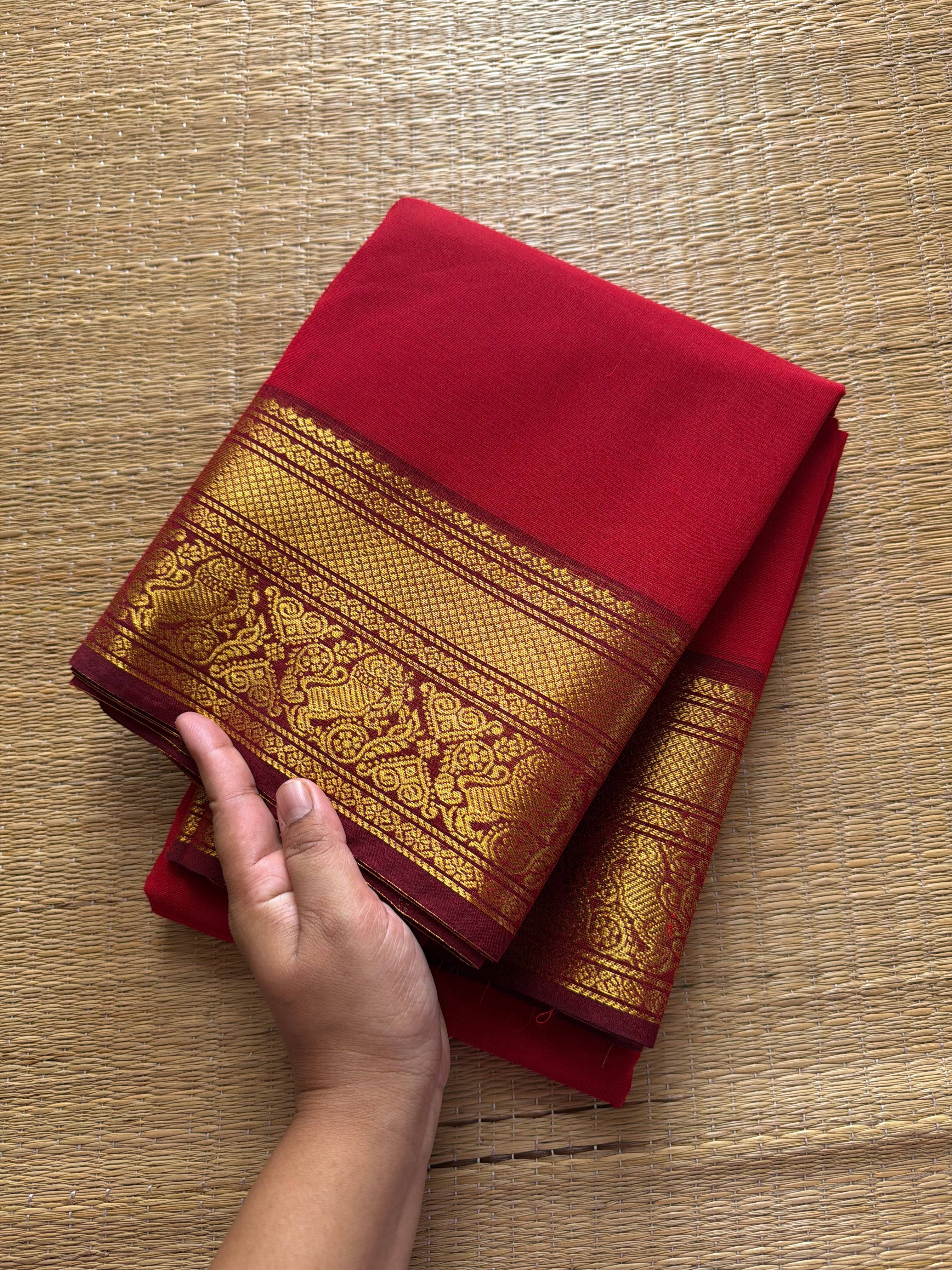 RF426 Red & maroon combination Kanchi cotton saree with Yazhi pattern border