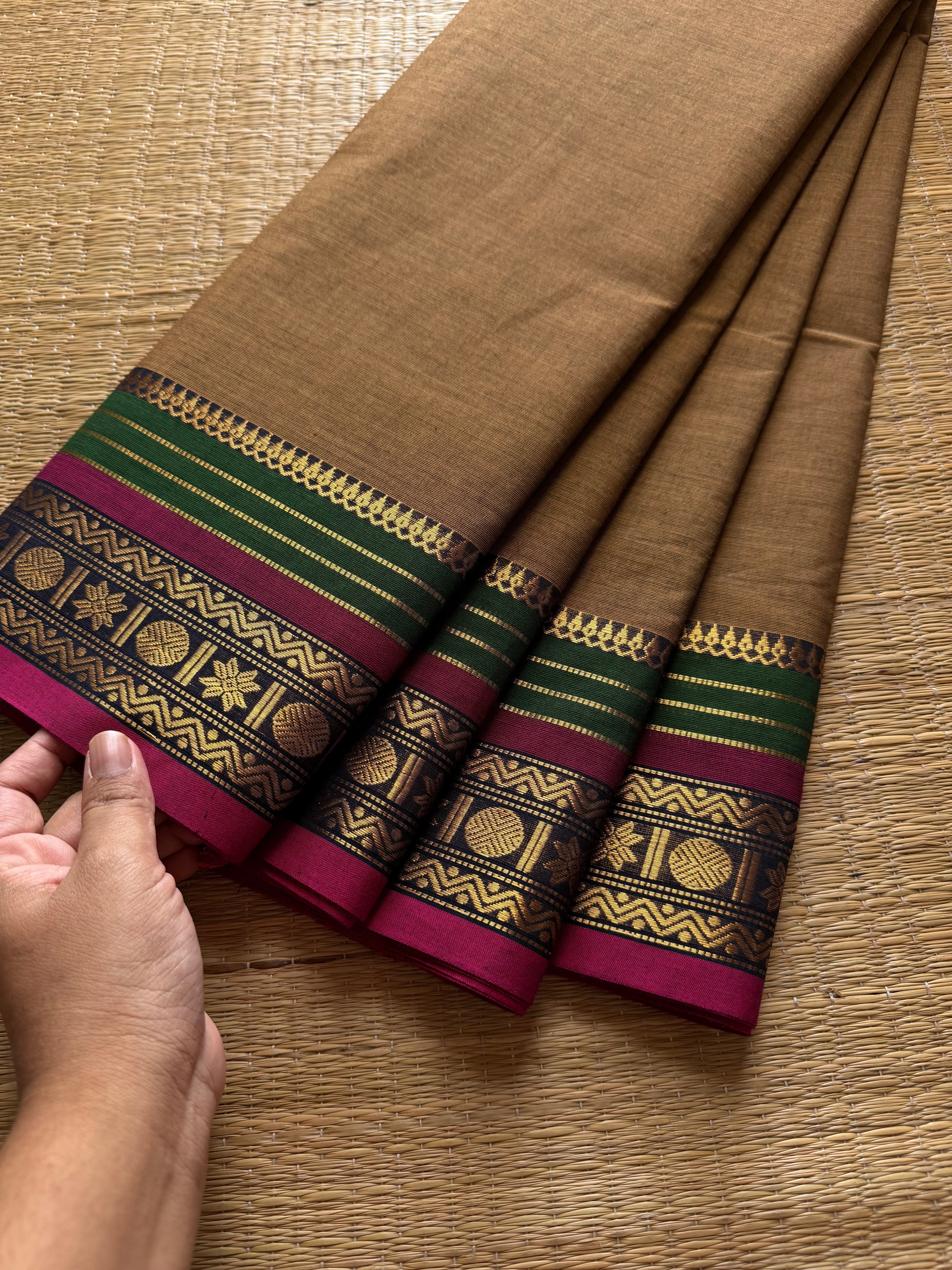 RF358 Dual tone earth Brown Shade Kanchi Cotton Saree with multi color contrast border