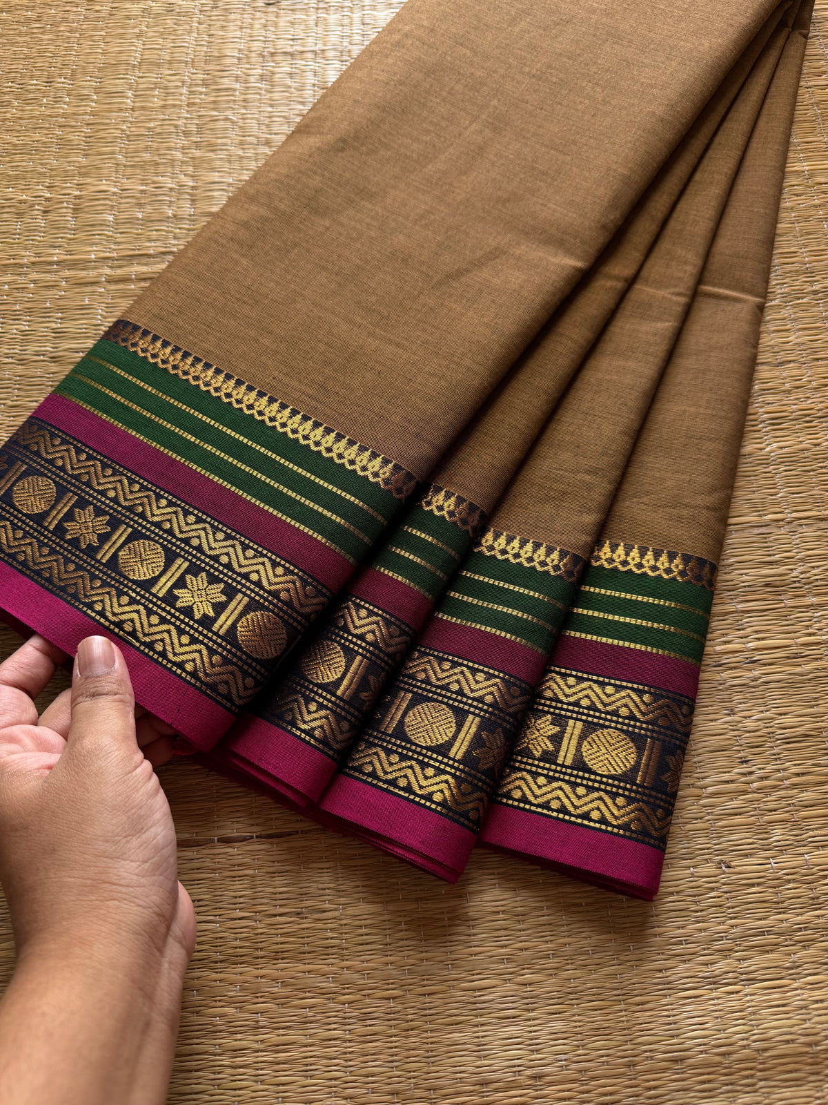 RF358 Dual tone earth Brown Shade Kanchi Cotton Saree with multi color contrast border