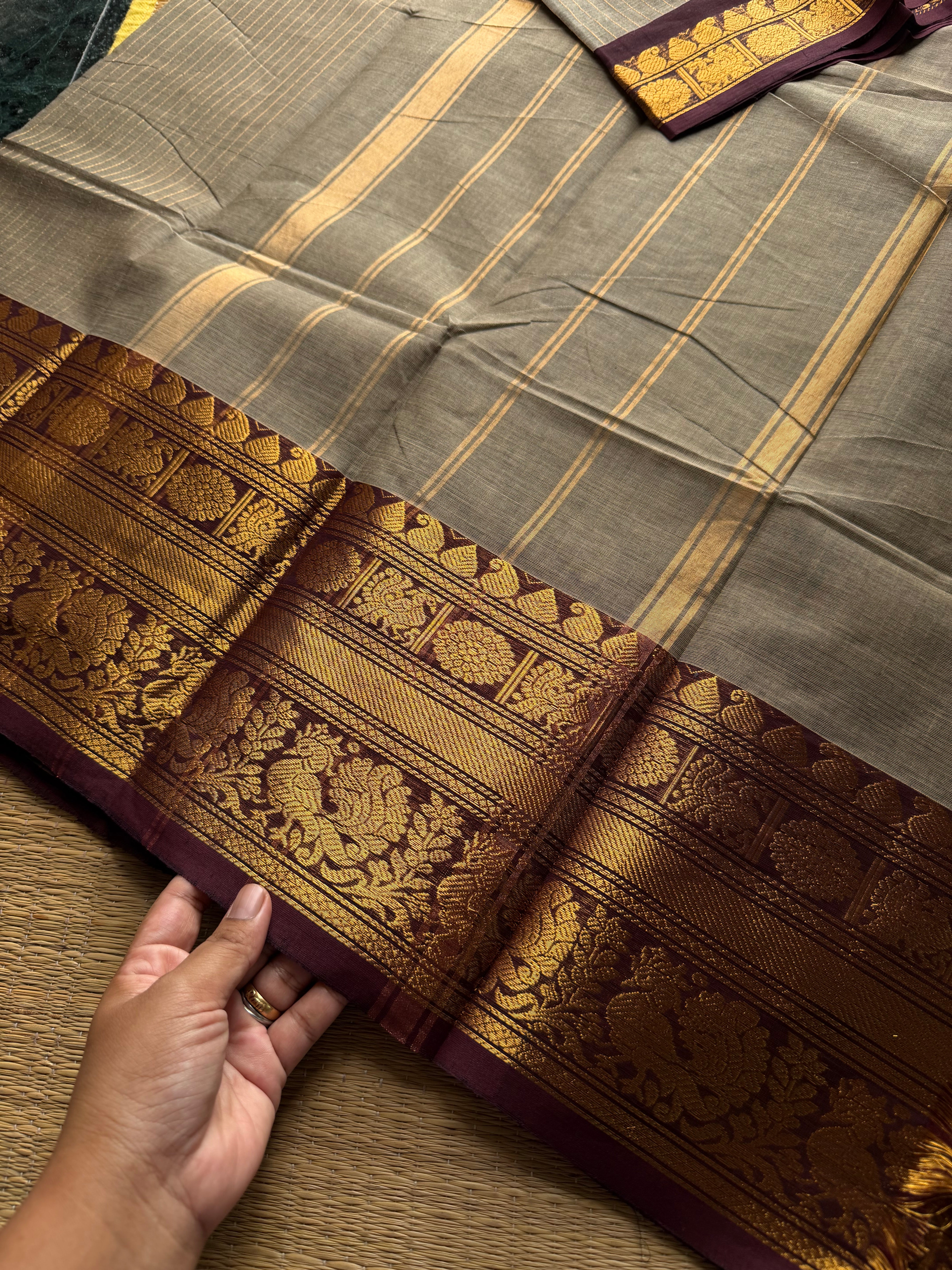 RF927 Grey with brown ~ Premium Kanchi Cotton Saree With golden Zari varia Oosi pattern