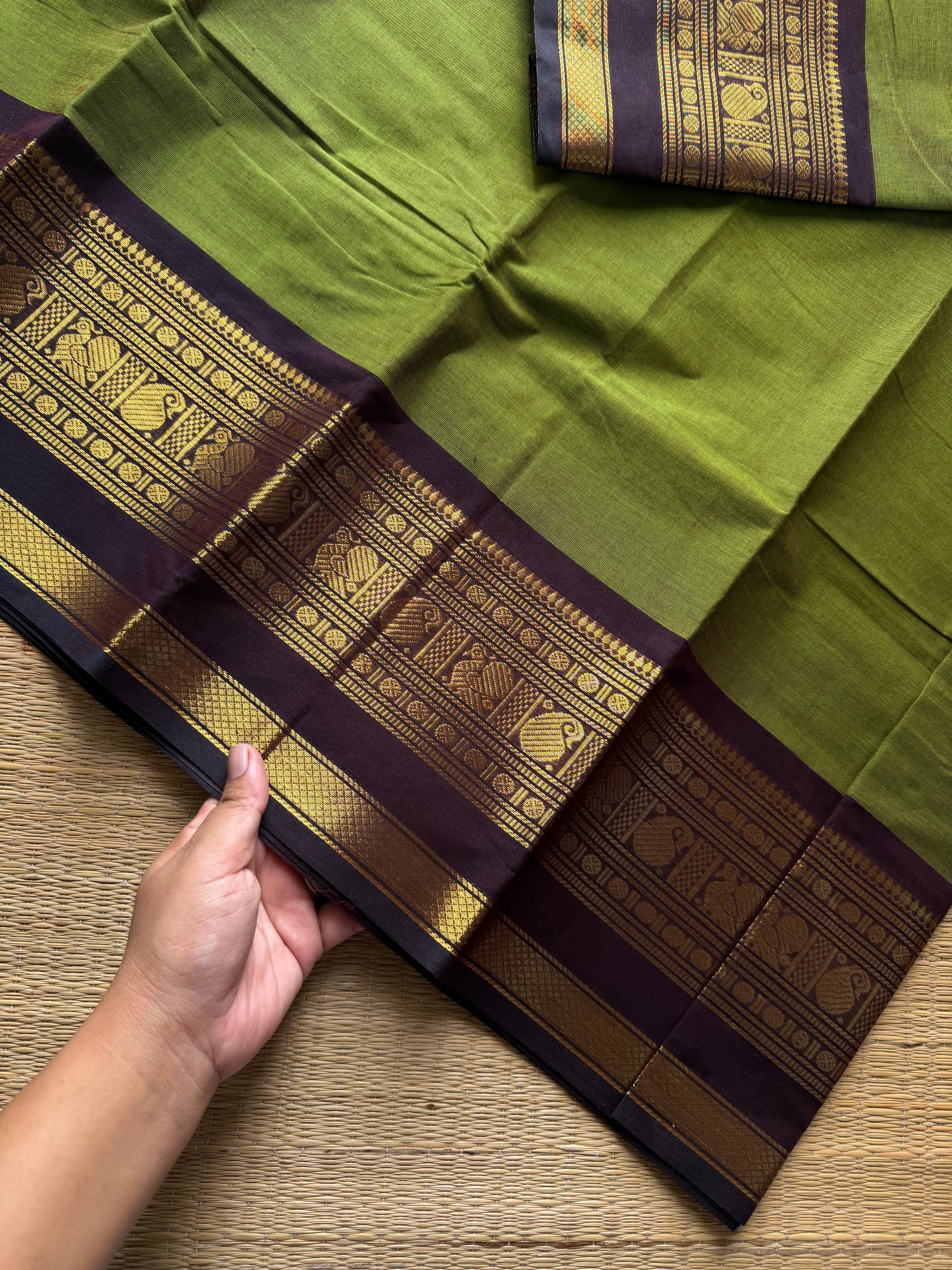 RF1076 Green with brown combination Kanchi cotton saree